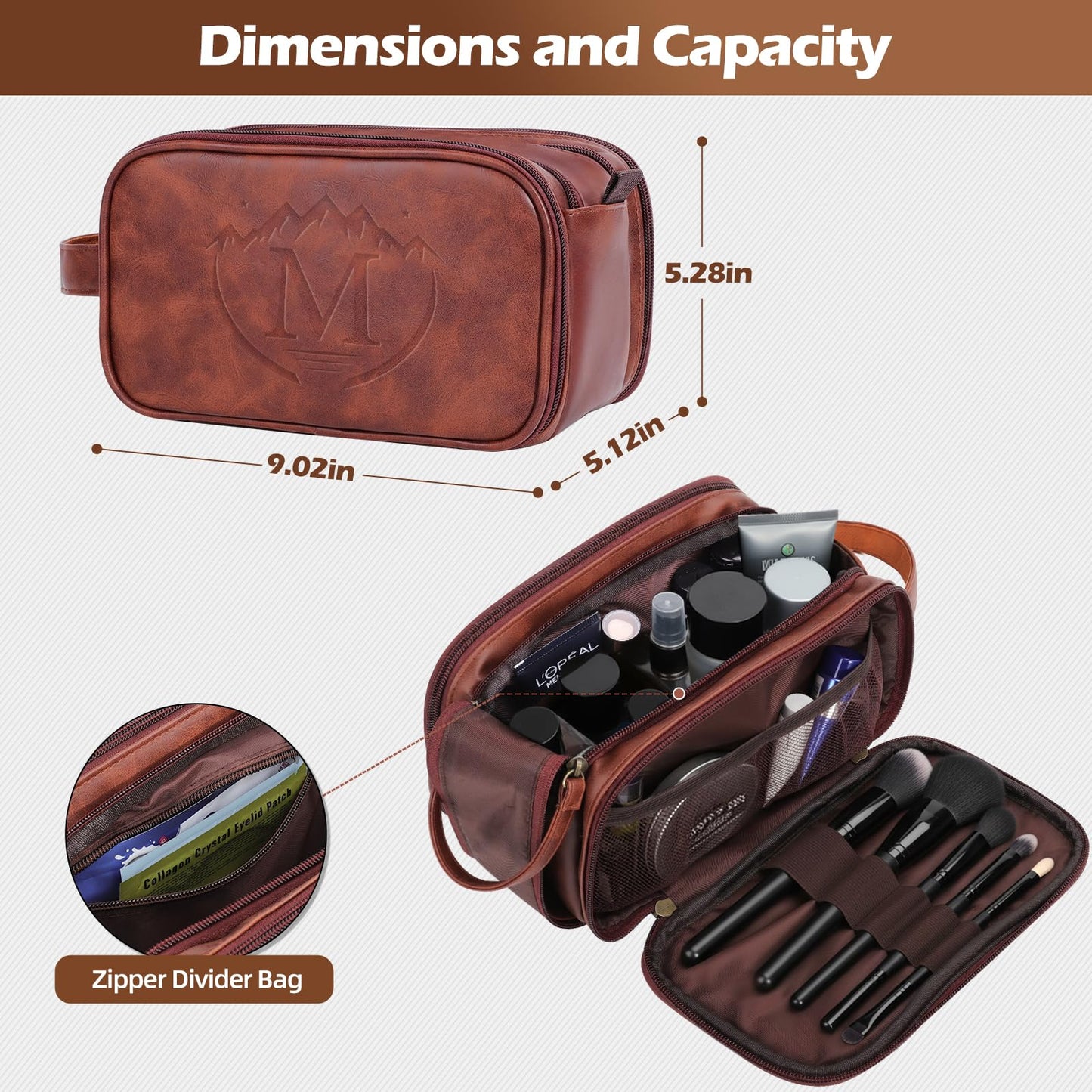 Personalized Travel Toiletry Bag for Men, Father Day Gifts, Engraved Initials Waterproof PU Leather Toiletry Bag, Large Capacity Portable Shaving Bag, Unique Birthday Gift for Men Dad Husband Him,M