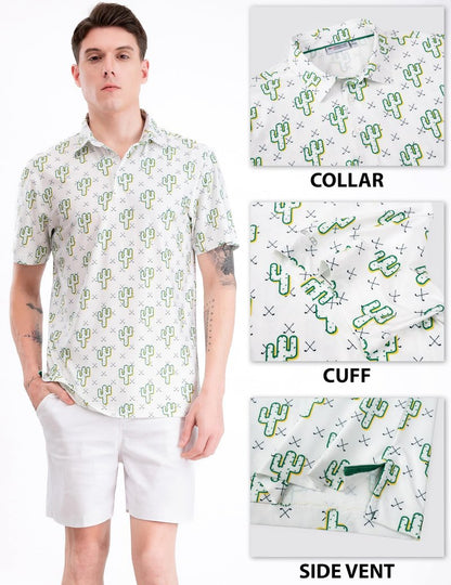 GORENZI Men's Golf Shirts Short Sleeve Moisture Wicking Print Cactus Shirt Men Performance Polo Golf Shirts for Men Dry Fit