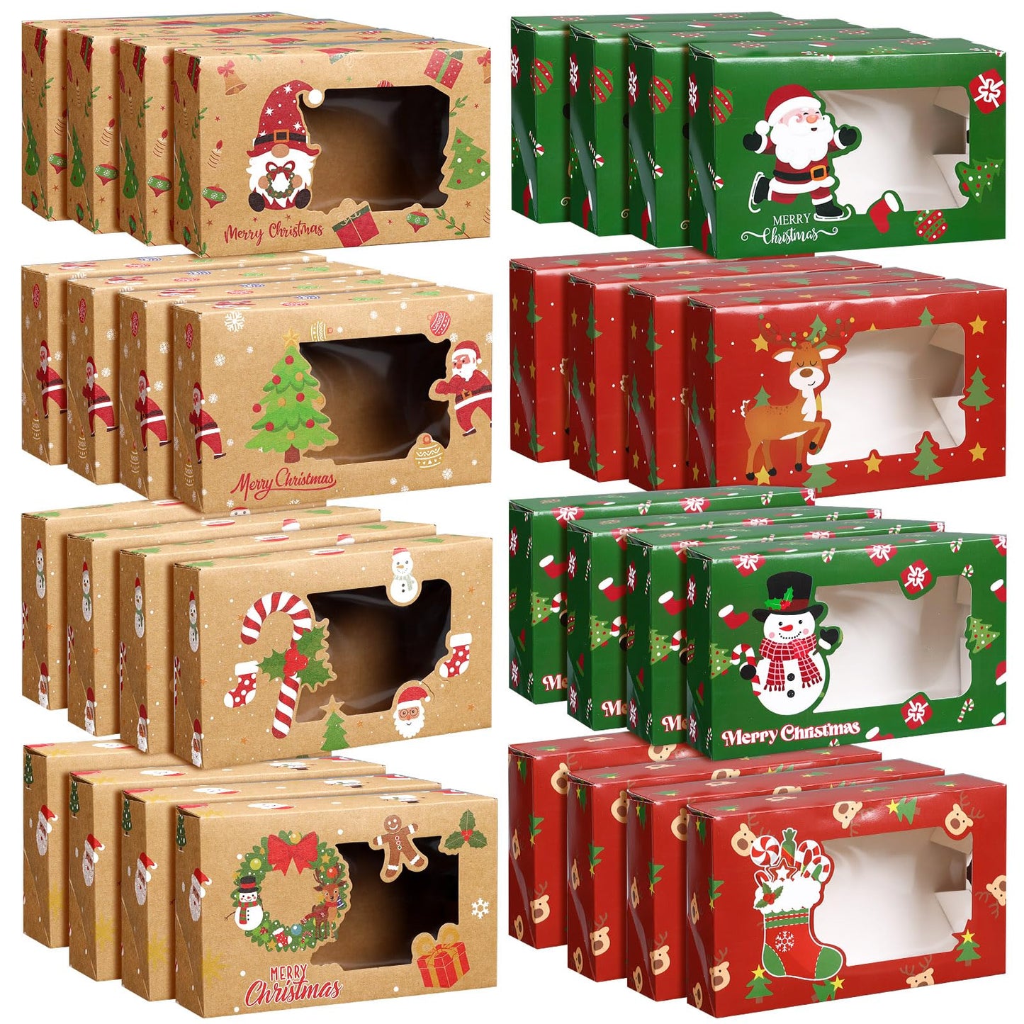 Chivertion 32 Pcs Christmas Cookie Boxes with Window Xmas Bakery Pastry Boxes 8 Designs Food Packaging Containers for Gift Giving Bakery Christmas Treat Containers, Candy and Cookie
