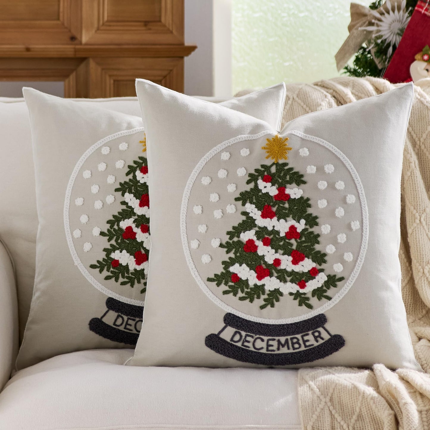 Farmhouse Christmas Pillow Covers 18x18 Set of 2, Xmas Embroidered Throw Cushion Cases with Festive Patterns for Rustic Home Holiday Decor (Snow Globe Christmas Tree, 18" x 18" (Pack of 2))