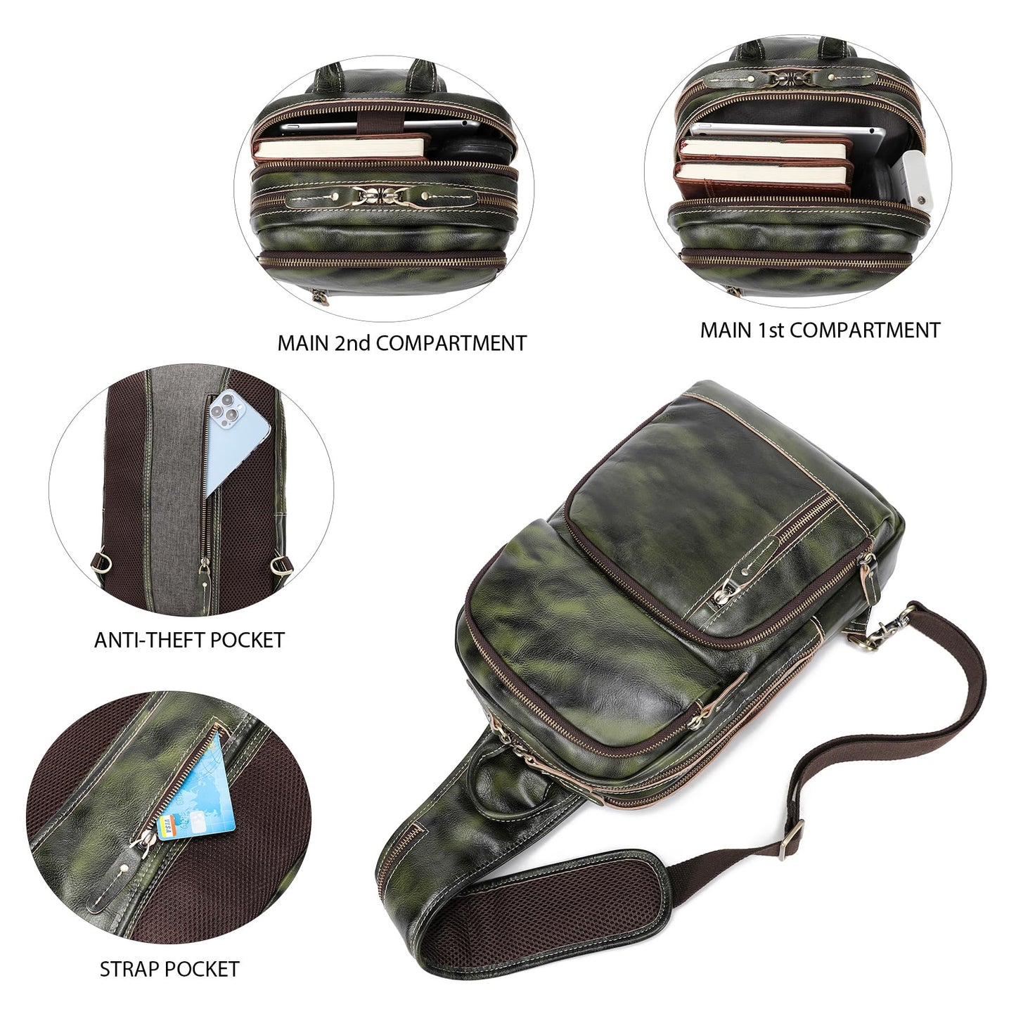 LANNSYNE Vegetable Tanned Leather Sling Bag For Men, Crossbody Chest Daypack fits 12.9" iPad
