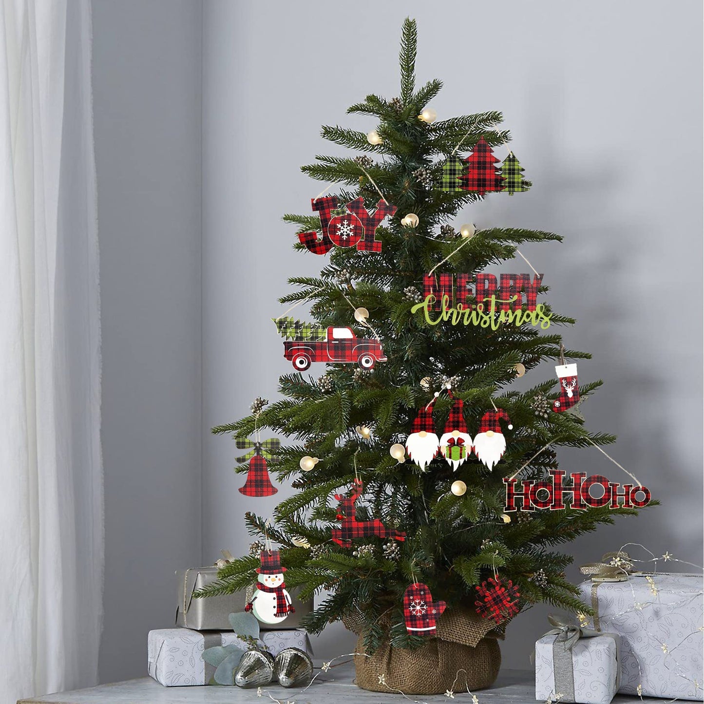 Clearance 18Pcs Christmas Tree Ornaments Buffalo Plaid Merry Christmas Ho Ho Ho Joy Sign Wooden Xmas Red Truck Gnomes Snowflake Snowman Reindeer Bell Sock Glove for Holiday Party Decorations Supplies