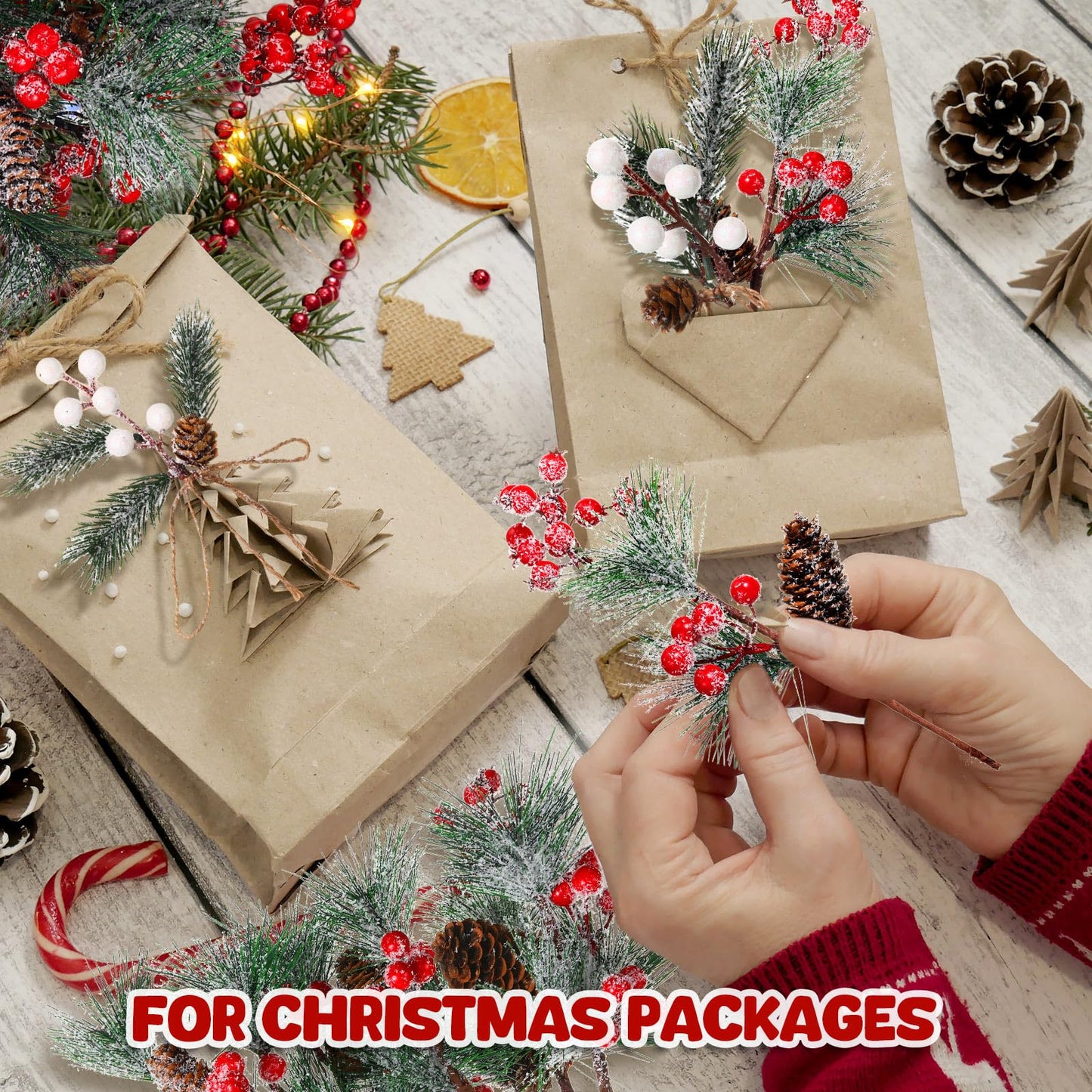 Blosssound 36 PCS Christmas Artificial Pine Branches with Snow Spray Red Berry Stems Pine Needles Faux Pine Picks Snow Floral Pine Cones for DIY Crafts Christmas Tree Garland Wreath Holiday Decor