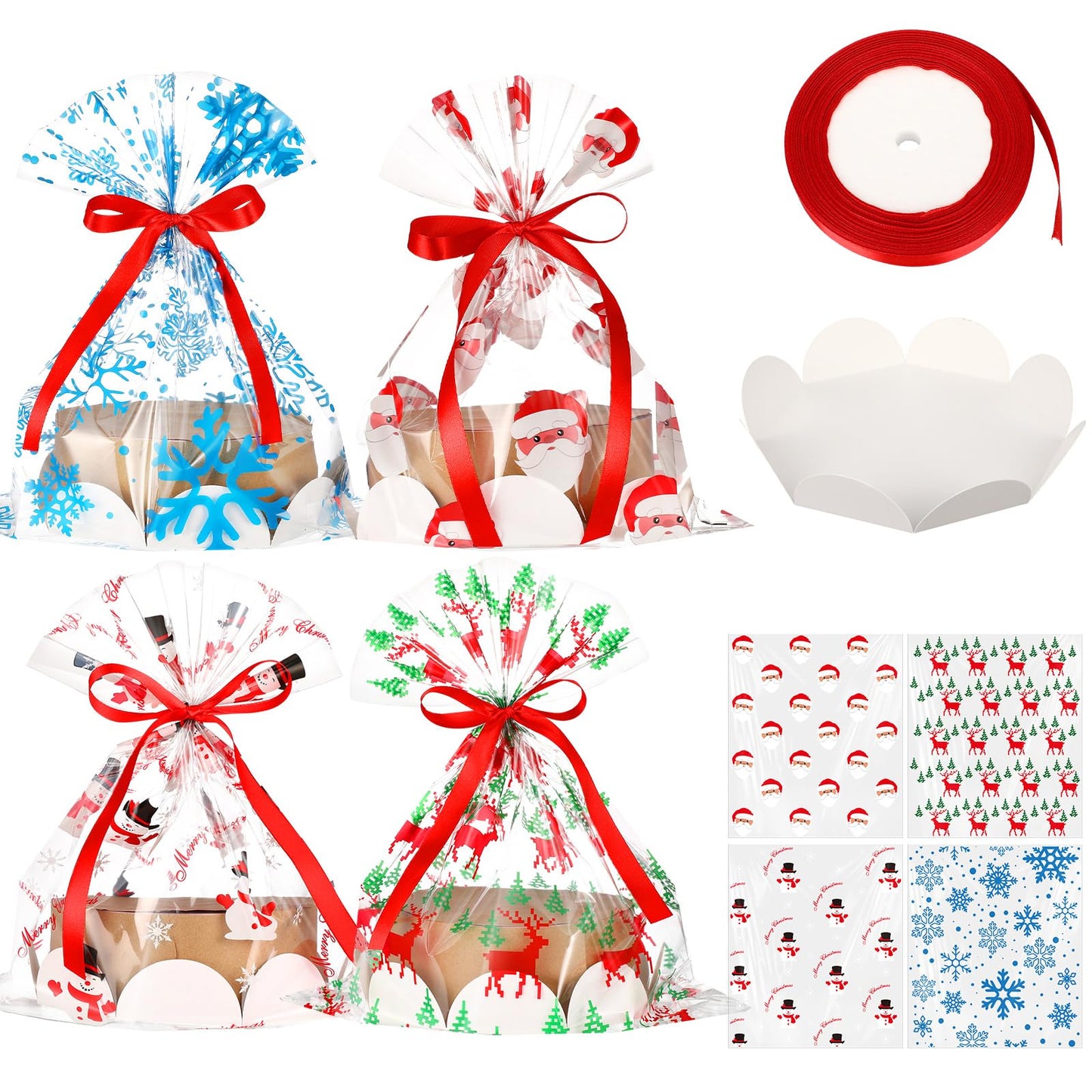Sunnychicc 24 Pack Christmas Clear Plastic Bake Bags with 8'' Cake Tray Red Ribbon Bakery Gift Packaging Santa Snowman Elk Snowflake Pattern Cellophane Treat Bags for Toast Bread Cookies Candy Food