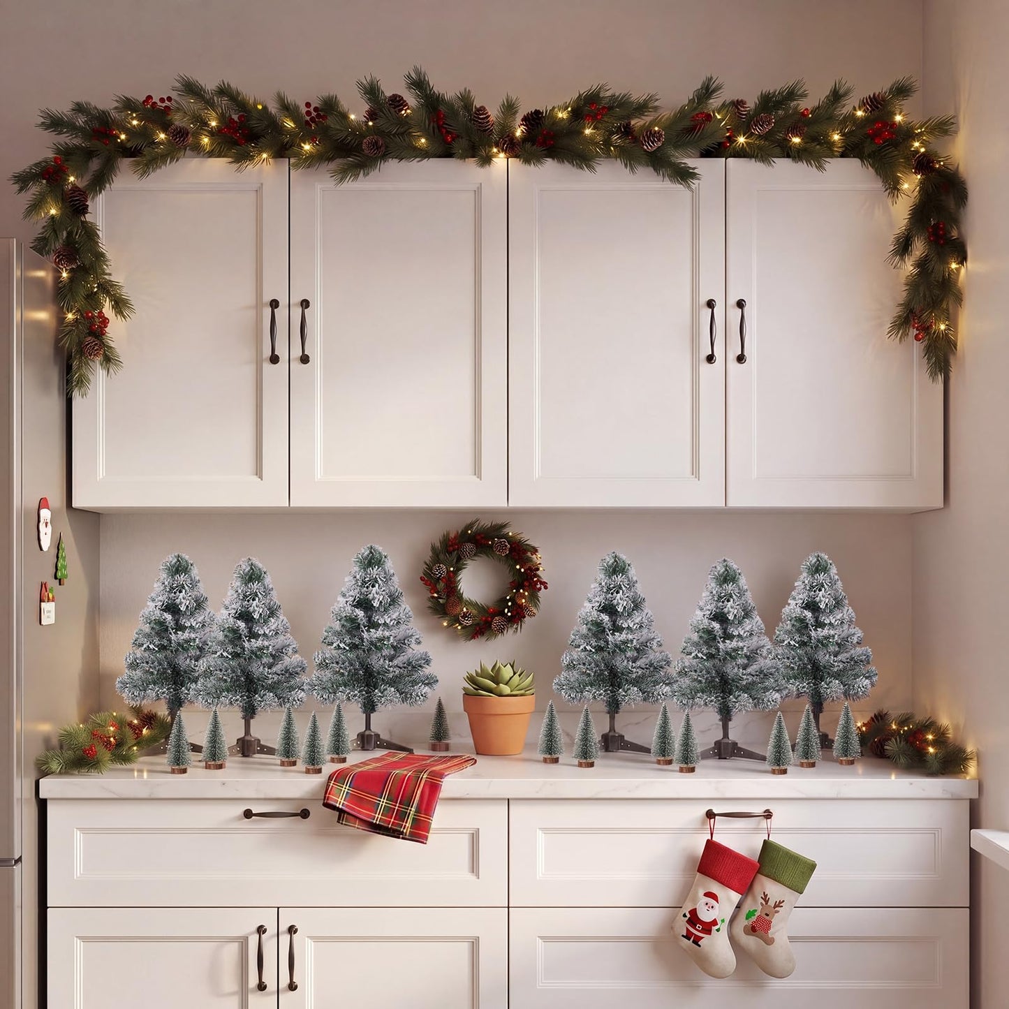 Sanwuta 21 Pcs Above The Cabinet Christmas Tree Decor 6 Flocked Snowy Trees 15 Mini Snowy Brush Trees Over The Cabinet Decorations Winter Xmas Tree for Mantel Bookshelf Table Indoor Kitchen Decor