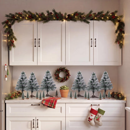 Sanwuta 21 Pcs Above The Cabinet Christmas Tree Decor 6 Flocked Snowy Trees 15 Mini Snowy Brush Trees Over The Cabinet Decorations Winter Xmas Tree for Mantel Bookshelf Table Indoor Kitchen Decor