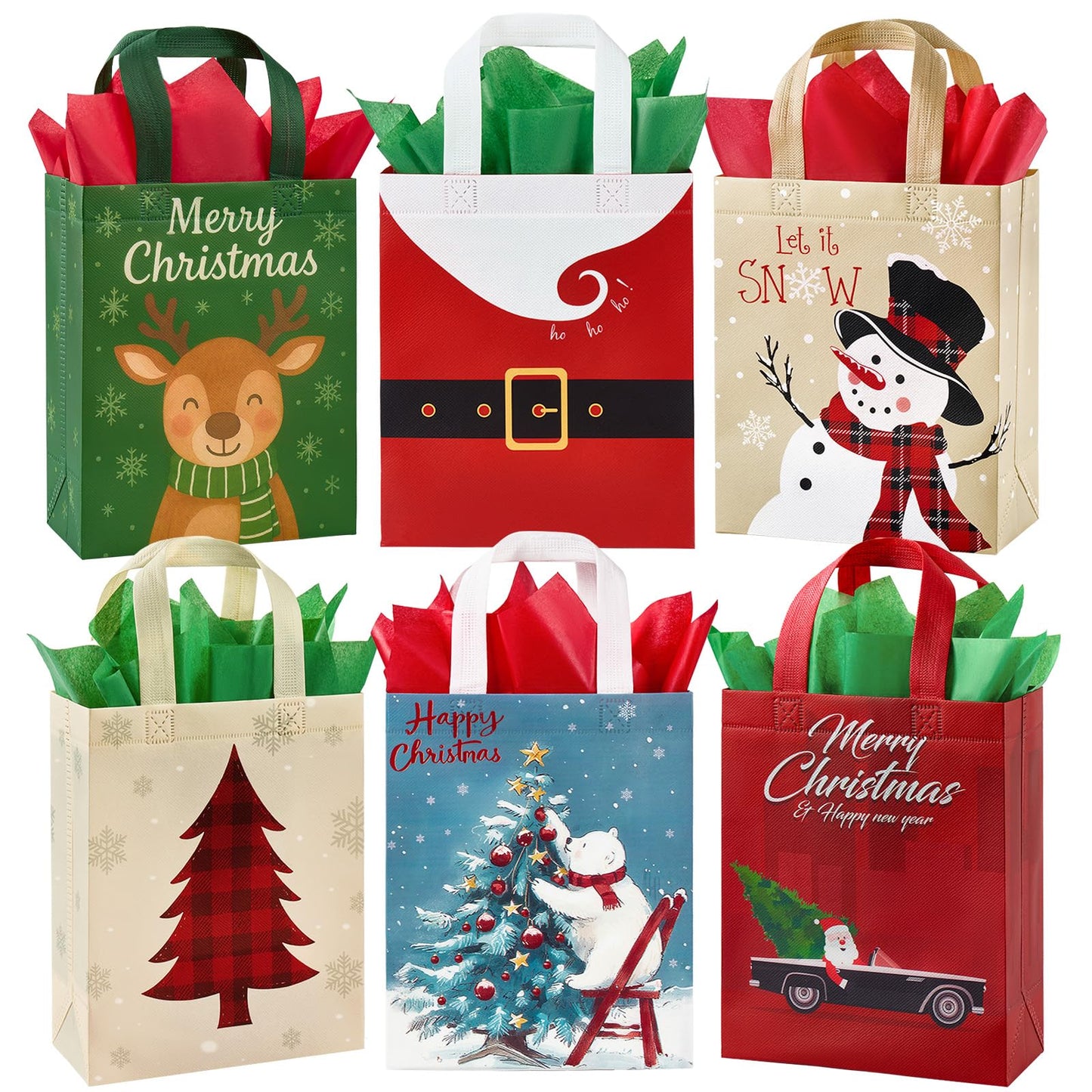 STYPOP 24 Pack 10" Christmas Gift Bags Medium Size with Tissue Paper, Reusable Non-Woven Christmas Tote Bags with Handles, Perfect for Xmas Gift Wrap/Party Favor Supplies, 10" × 8" × 4"