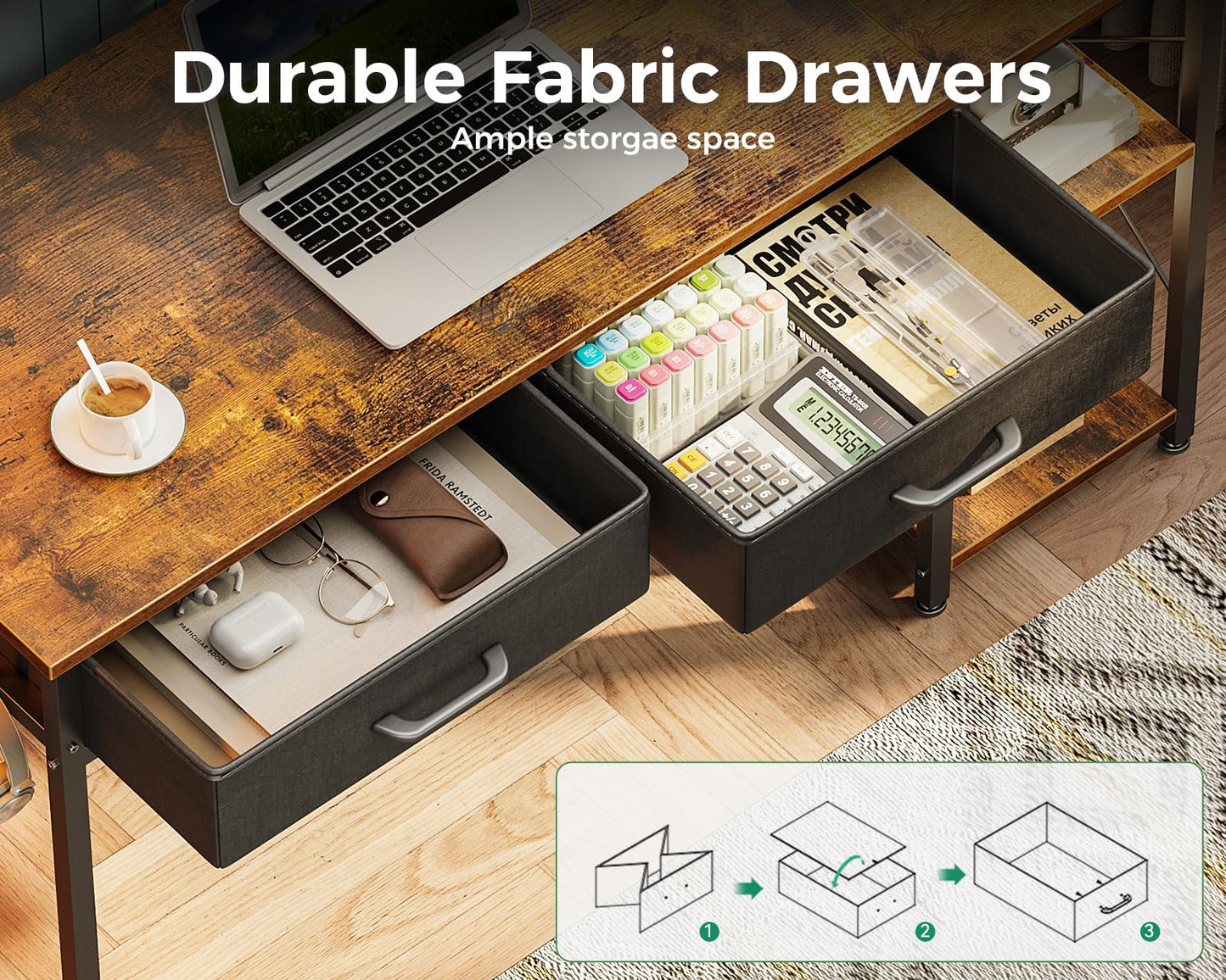 Coleshome Small Computer Desk with Drawers, 40 Inch Reversible Home Office Desk with Storage Shelves, Study Laptop Desk for Bedroom Small Space, Rustic Brown