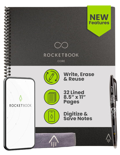 Rocketbook New Core Reusable Spiral Notebook, Letter Size 8.5x11, Black - Lined Pages, App-Connected, Erasable, Durable Cover, Ideal for School, Work, and Creative Projects