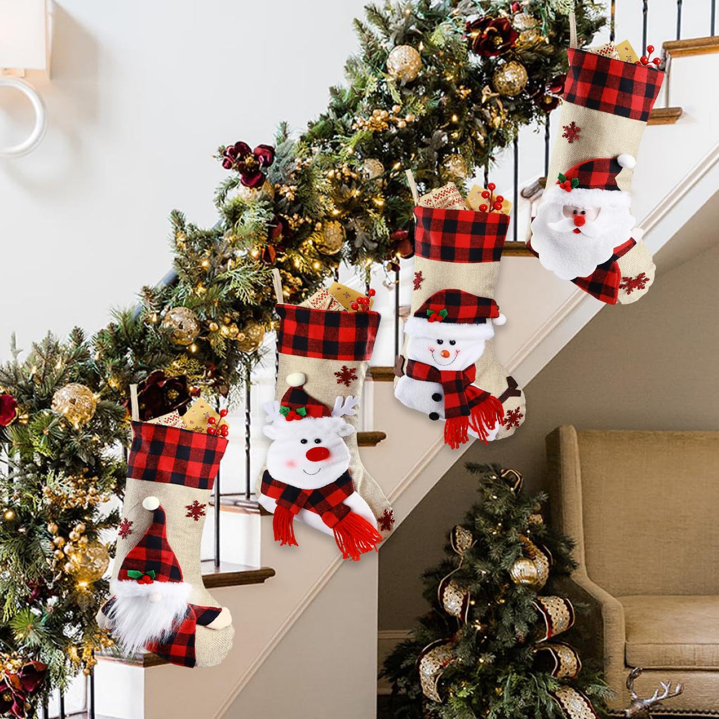 Bemaystar Christmas Stockings - 18.5" Burlap Plaid Christmas Stocking Xmas Hanging Stockings Holiday for Kids Christmas Tree Fireplace Family Party Decor - Deer