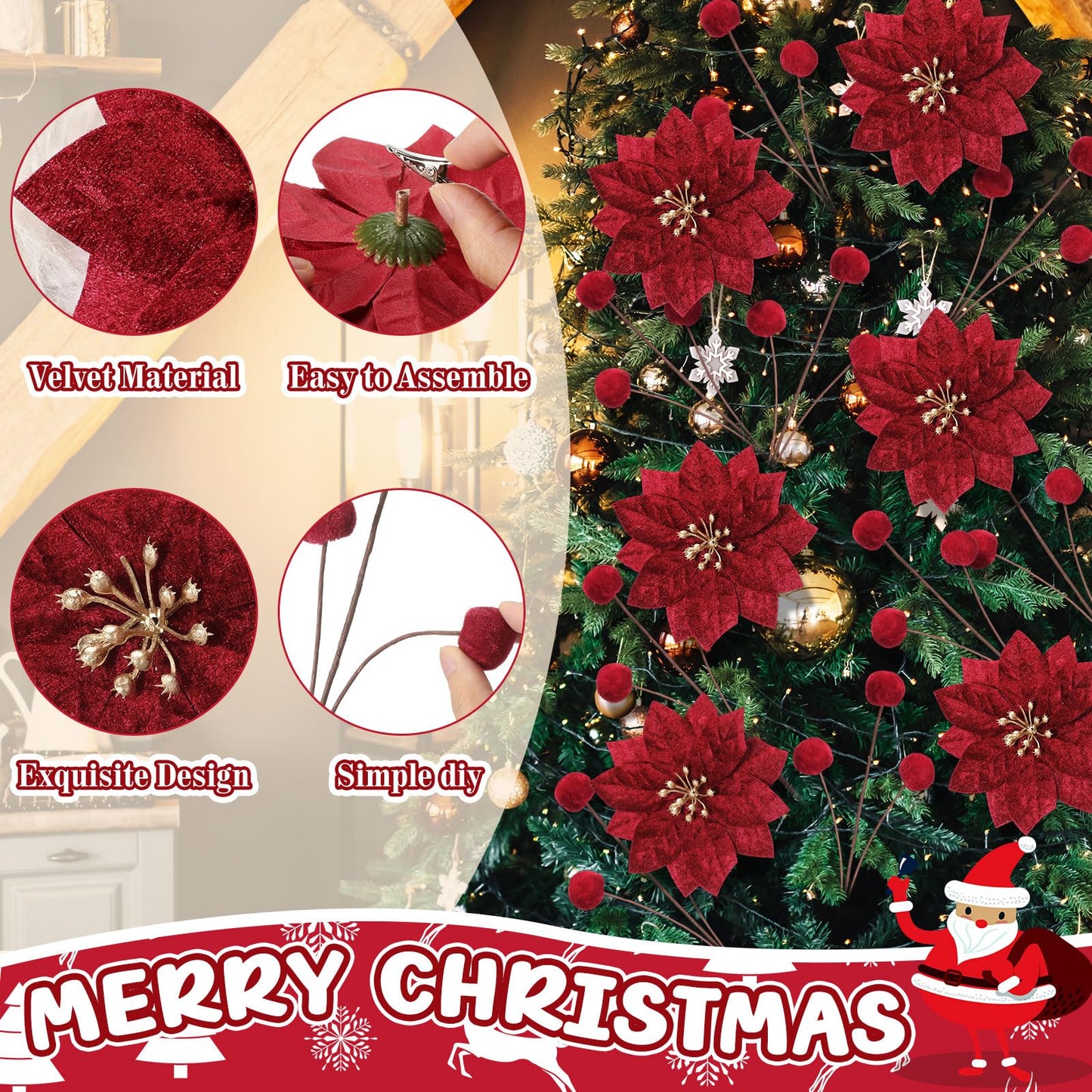 Hungdao 18 Pcs Velvet Christmas Tree Ornament Set Artificial Christmas Poinsettia Flower with Clips and Tree Picks Neutra Holiday Ornaments for Xmas Wreath Fireplace Stairs Decor(Burgundy)