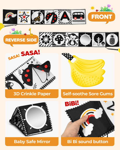 Melican Black and White High Contrast Baby Toys 0-6 6-12 Months, Soft Book with Teether, Newborn Infants Tummy Time Toys, 0-3 3-6 Month Sensory Visual Stimulation, Montessori Learning Essentials
