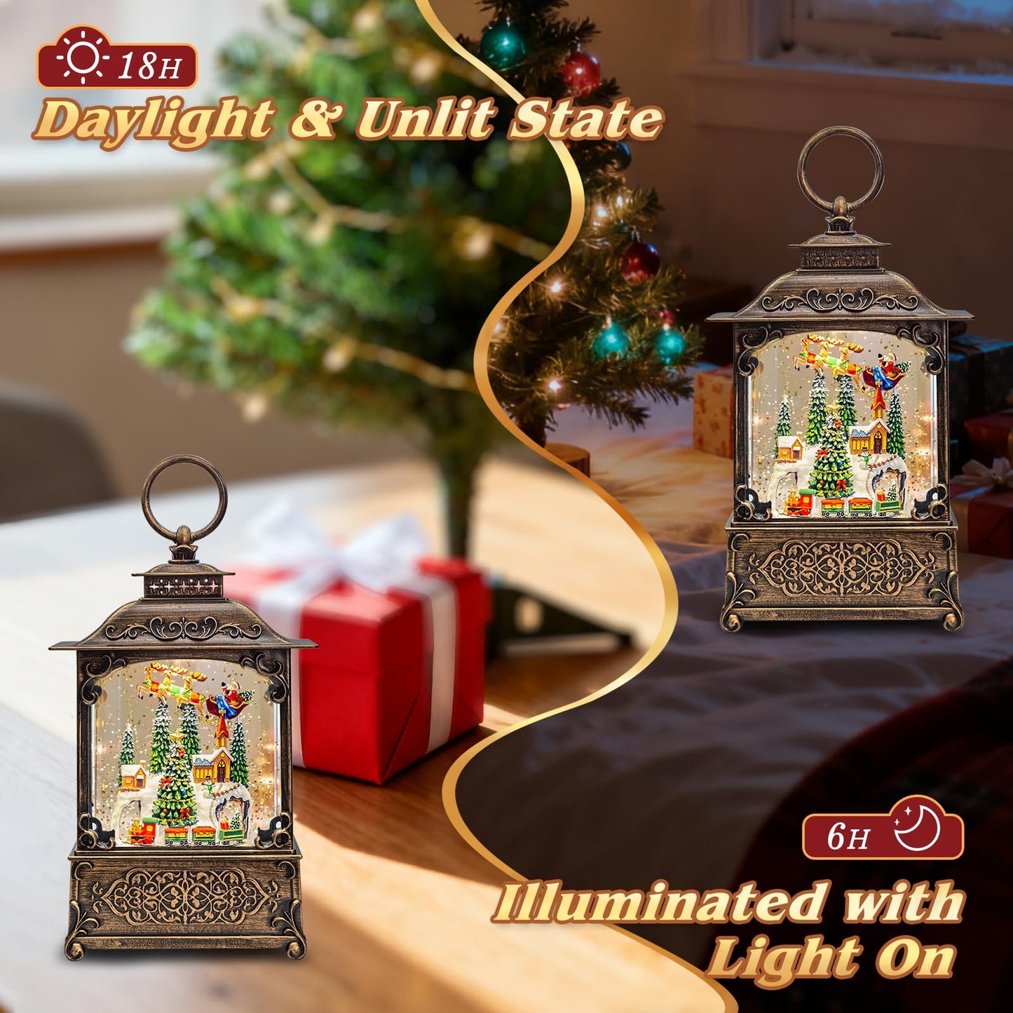 Snow Globe, Santa Snow Globe Christmas Tree, Lighted Musical Decorations Lantern,Village Houses, Train Battery, Reindeer, USB or Battery Operated，Gifts for Men and Kids.