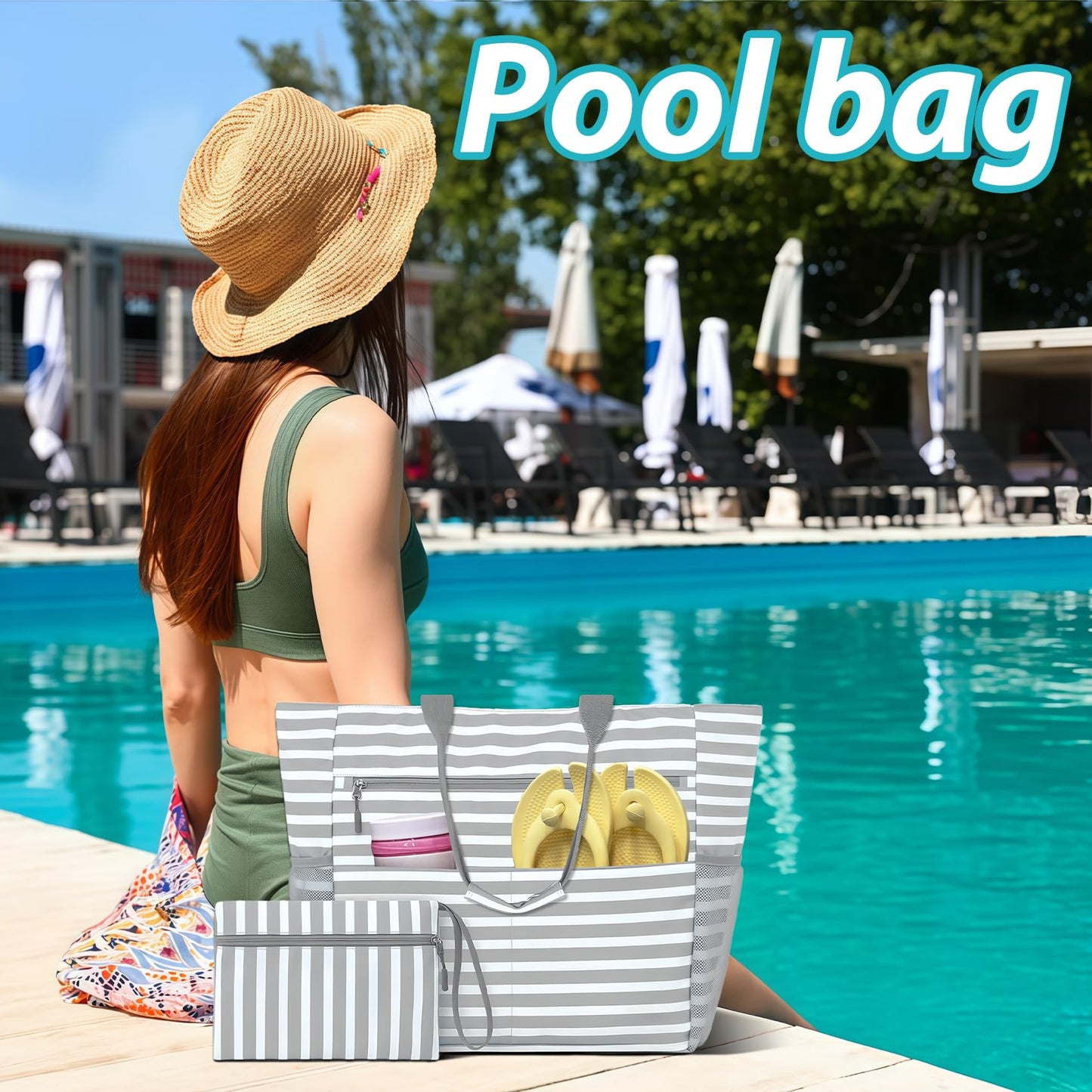 Waterproof Sandproof Beach Tote Bag for Women, Large Foldable Beach Bag with Zipper & Pockets, Packable Travel Pool Bag, Cruise Beach Bag Carry-On for Vacation, Gym & Beach, 9 Smart Pockets (Grey)