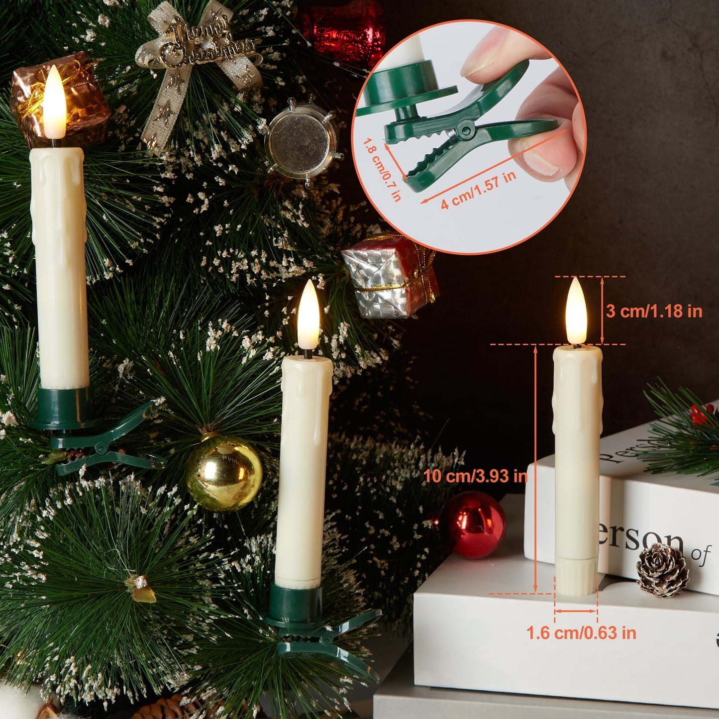 IMAGE 12Pcs LED Taper Candles Light Set 5.3 inches Dripping Flameless 3D Wick Ivory Candles with Clip-on Christmas Tree Design, 10-Key Remote with Timer, Warm White Light Battery Operated for Decor