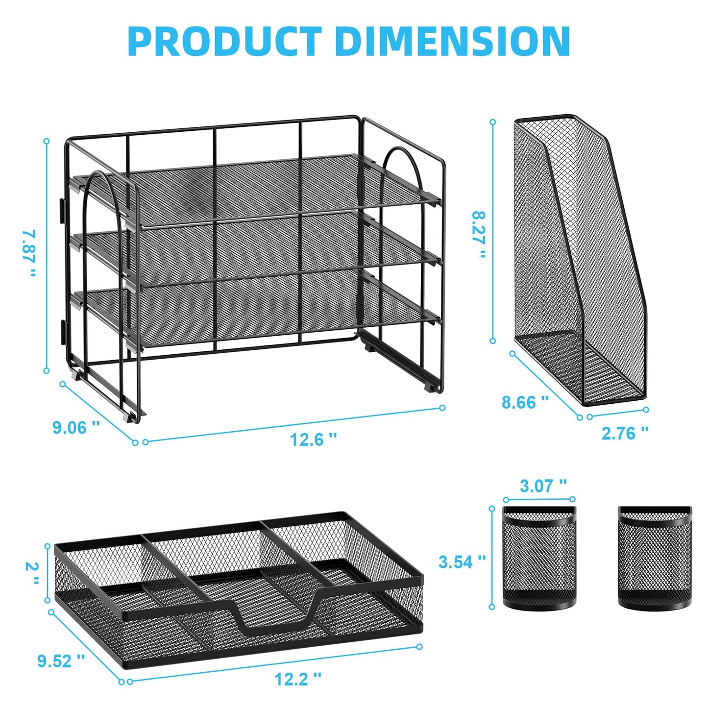 Marbrasse Desk Organizer and Accessories，4-Tier Paper Letter Tray Organizer with File Holder, Desk Accessories & Workspace Organizers with Drawer and 2 Pen Holder (Black, 15.4" x 9.1" x 8.3")