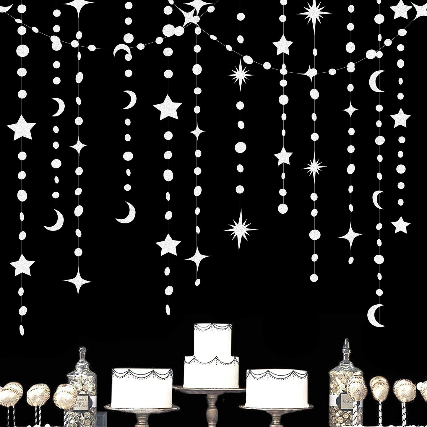 White Star Moon Circle Dot Garland Party Decoration Hanging Crescent Twinkle Little Star Streamer Bunting Banner for Wedding Engagement Anniversary Bridal Shower Kids Birthday Baby Shower Decor