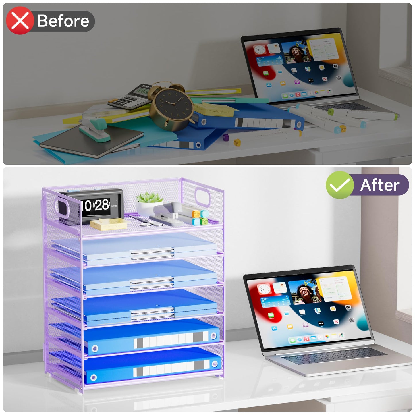 Kinkota Purple Paper Organizer for Desk with Handle, 6-Tier Metal Mesh File Organizer | Stackable Desktop Organizer for Office Supplies & Stationery Storage