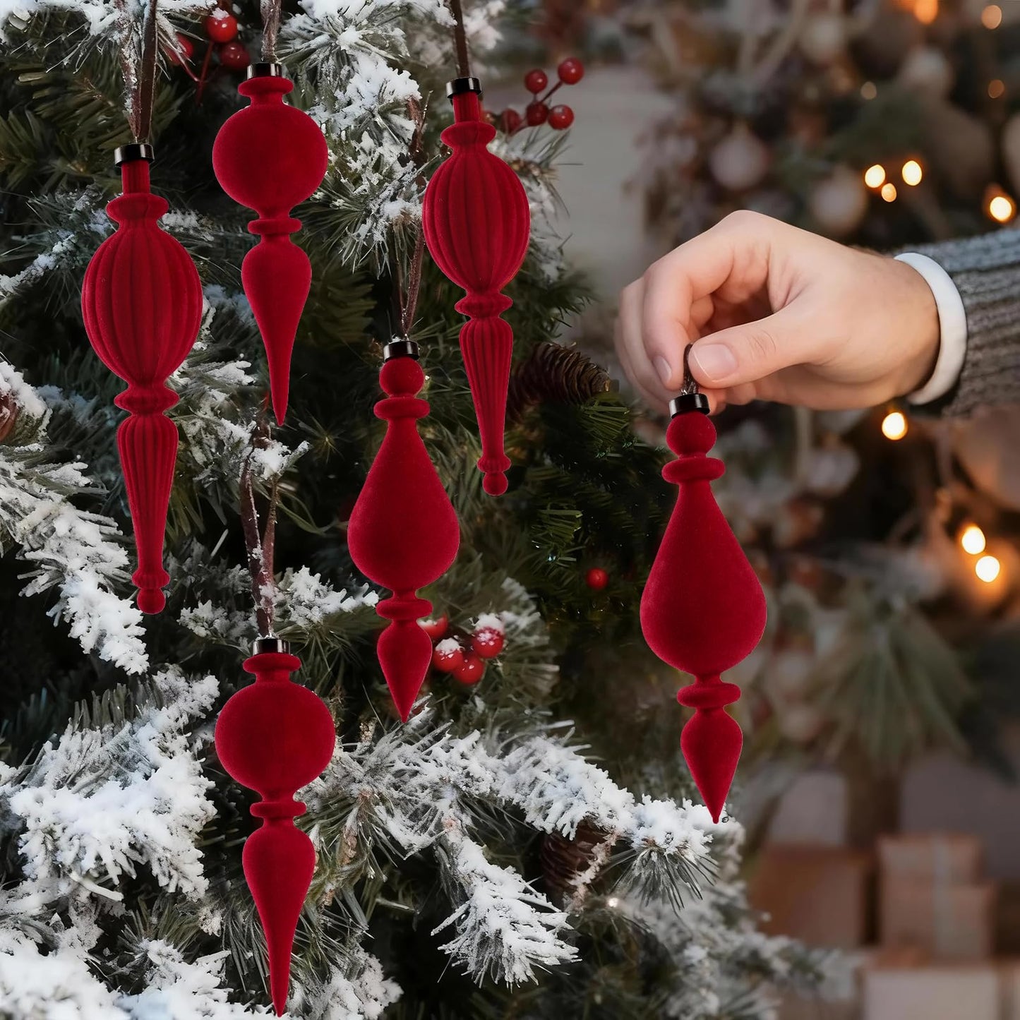 6 Pcs Red Velvet Finial Christmas Tree Ornaments - Velvet Pendants Shatterproof Flocked Christmas Hanging Ball Ornaments Hanging Neutral Decorations for Xmas Tree Winter Holiday Decorations