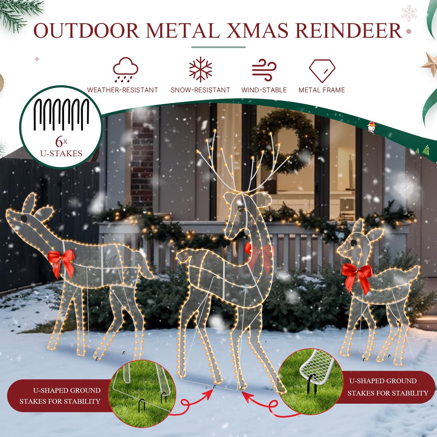 [3-Piece Reindeer Christmas Decorations Outdoor] 2D Lighted Deer Family with 260 LED Light. Durable Yard Lawn Holiday Decor, Outdoor Lighted Holiday Display for Yard Lawn Garden-White