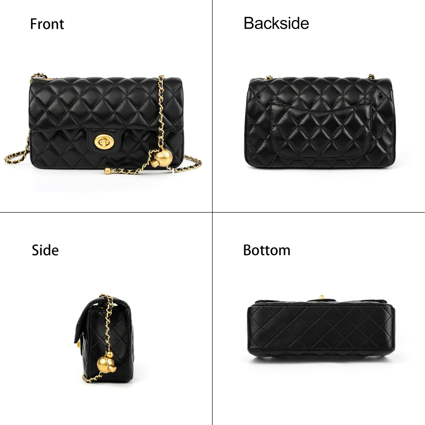 DORIS&JACKY Small Quilted Crossbody Purse for Women, Designer Lambskin Shoulder Cellphone Purse with Twist Lock and Chain Strap (Black)