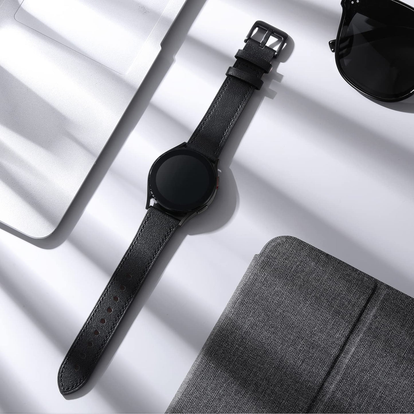 GEAK Leather Band Compatible with Samsung Galaxy Watch 7 40mm 44mm, Galaxy Watch 6 5 4 44mm 40mm, Galaxy Watch 4 Classic 46mm 42mm, Watch 3 41mm, 20mm Watch Band for Women Men, Black