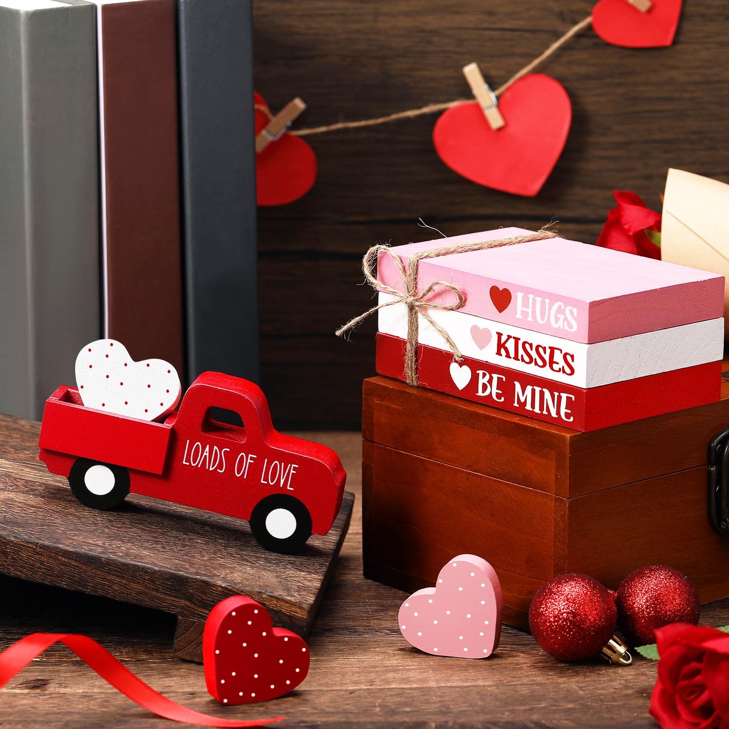 DoubleFill 7 Pcs Valentine's Day Table Decorations Valentines Tiered Tray Decor Faux Book Bundle with Twine Red Truck Table Centerpiece Farmhouse Heart Wooden Sign for Home Indoor Party Bookshelf Gift