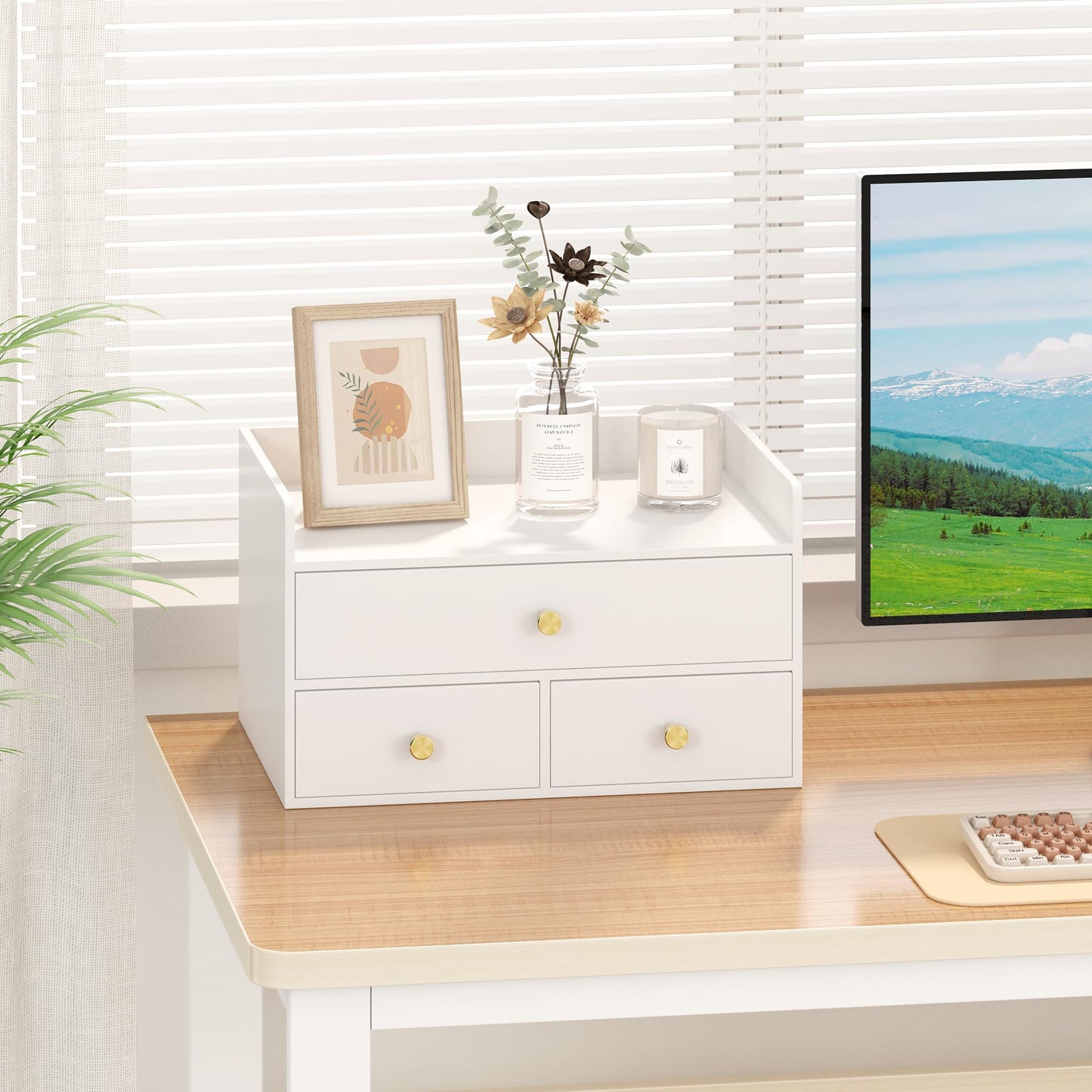 Bamboo Desk Organizer with Drawers Wooden Desktop Storage Drawers for Bills Office Supplies Kitchen Utensils Organizing Tool for Home Classroom Organization No Assembly (White, 3 Drawers)