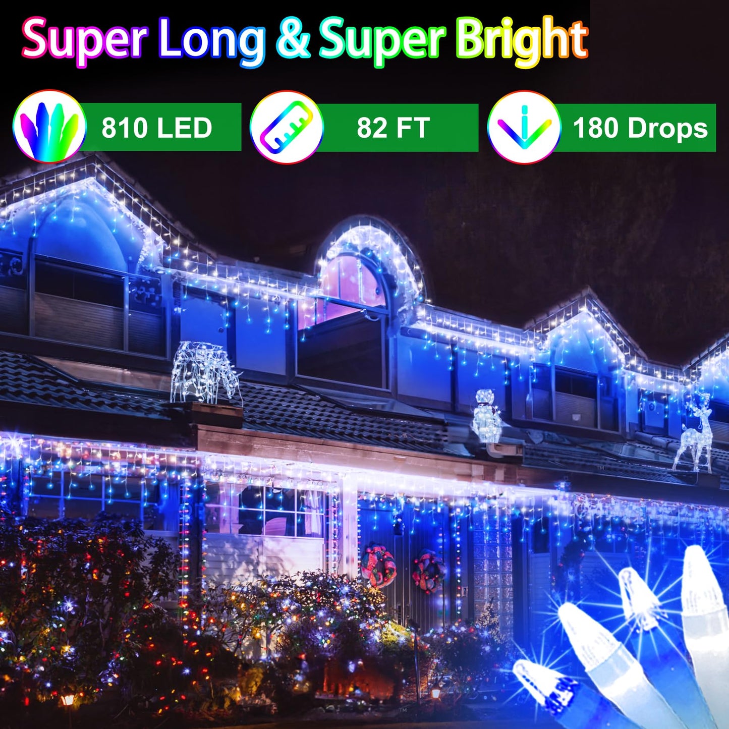 82FT 810 LED Outdoor Christmas Lights - 180 Ice Drops, 12 Pro Modes with Timer Memory & Brightness, Waterproof Hanging Ice String Light for Holiday Wedding Garden Fence House Decor (White & Blue)