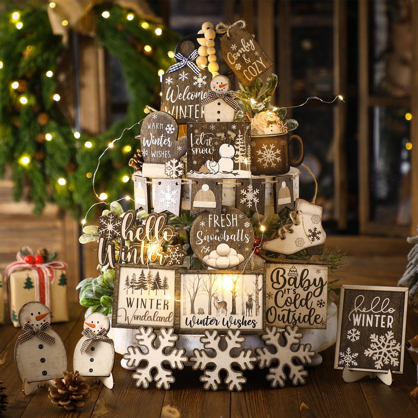 Shellwei 23 Pcs Winter Tiered Tray Decor Set Wood Rustic Hello Winter Snowman Snowflake Decoration Christmas Farmhouse Decor Xmas Signs for Christmas Decorative Trays Table Shelf Home Centerpiece