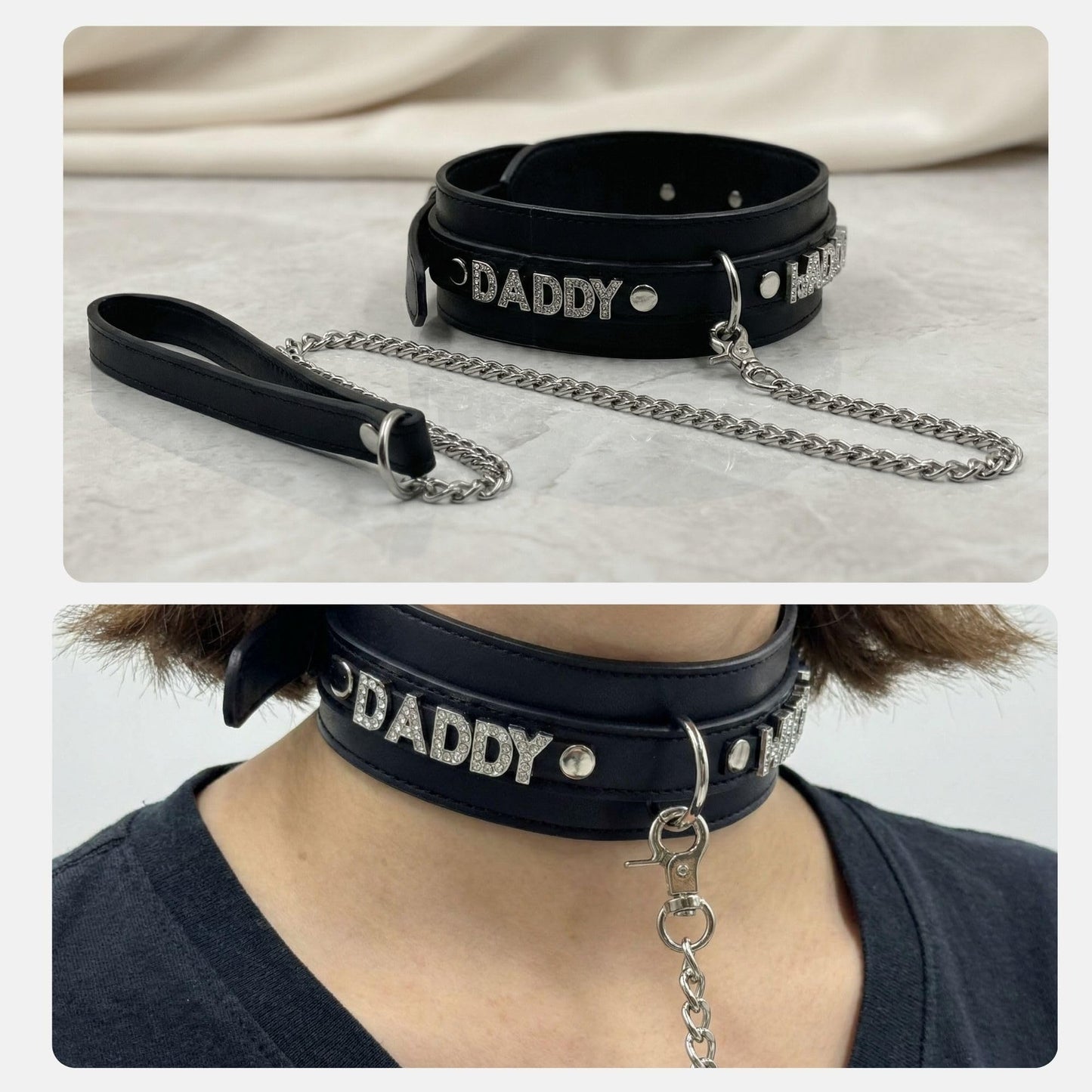 Handmade Leather Black Collar Necklace with Extra Long Chain, Adjustable Fit, Durable Stitching Punk Collar with Custom Exaggerated Personalized Fashion Alphabet Choker for Carnival Party Music Festival
