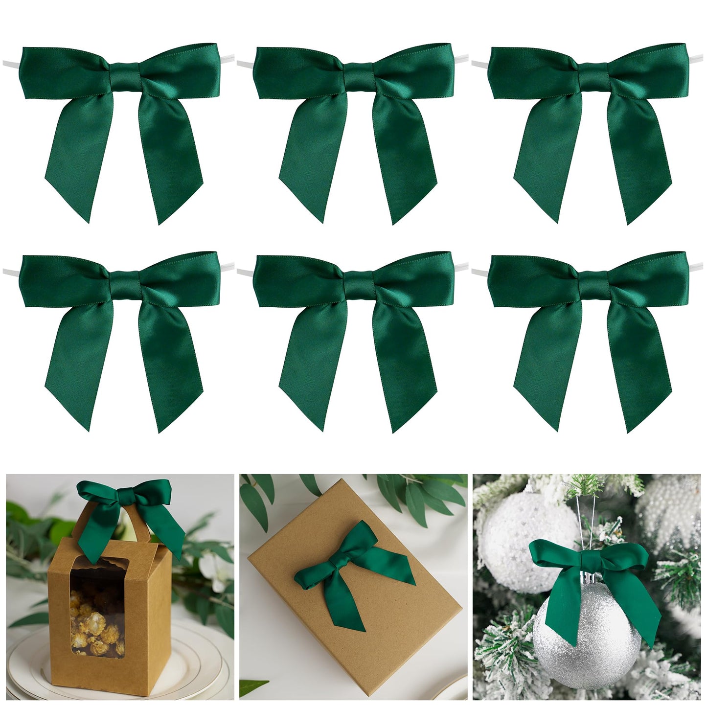 AIMUDI Twist Tie Bows for Treat Bags 3.5" Hunter Green Satin Ribbon Bows for Crafts Premade Bows with Twist Ties for Christmas Cake Pop Candy Apple Small Bows for Gift Wrapping Wedding Decor, 50 PCs