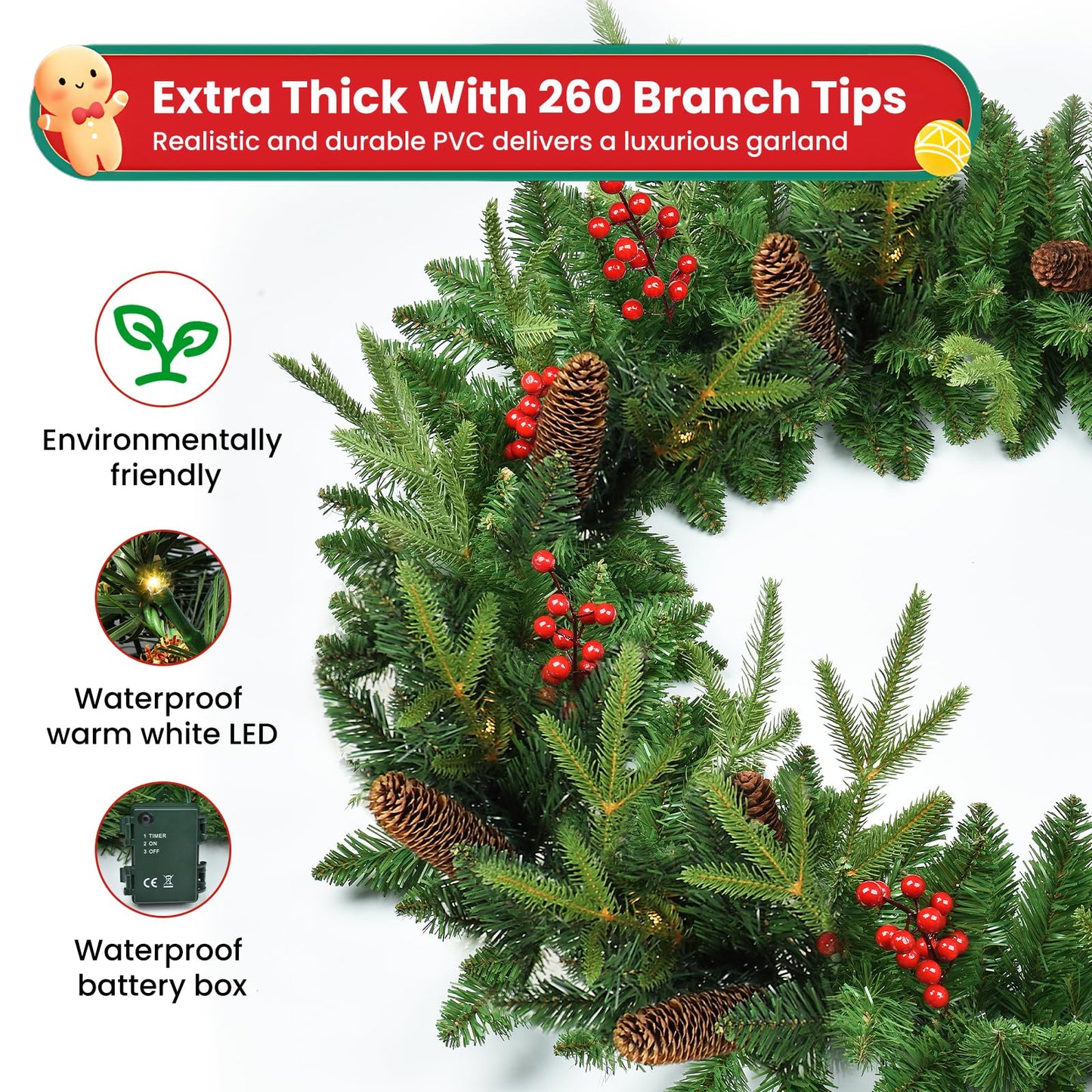 Christmas Garland, 9ft Pre-Lit Christmas Garland with Lights, Battery Operated with Pine Cones & Red Berries, Artificial Christmas Greenery for Mantle, Staircase, Doorway, Indoor Outdoor Decorations