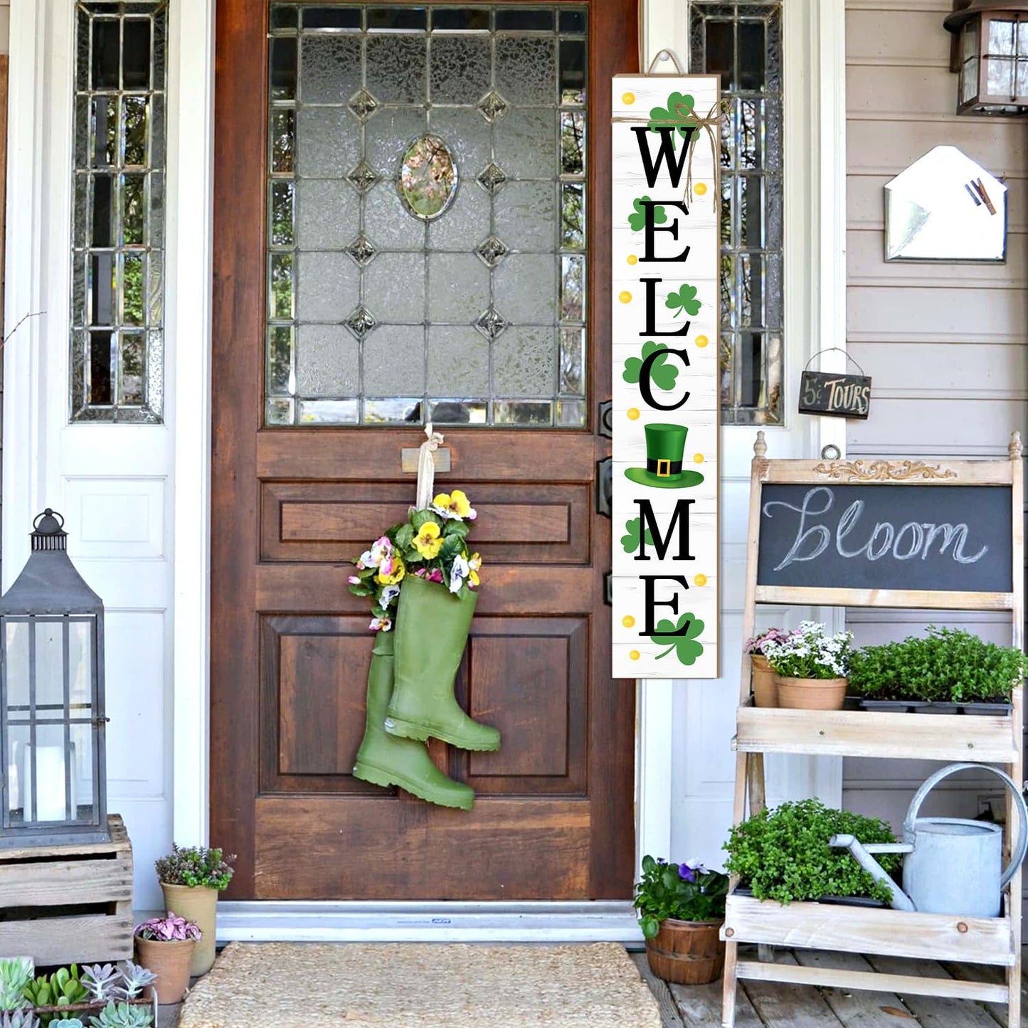 St. Patrick's Day Wooden Porch Sign 47" Spring Large Welcome Porch Sign for Home Front Door Yard Clover Party Decor (Green)