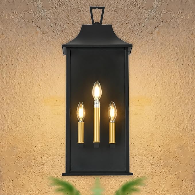 Outdoor Wall Lantern 3-Light, 25 "Large Outside Wall Sconce, Modern Black Wall Light Fixture with Glass, Waterproof Exterior Lamp for House, Porch, Garage,Bulbs Not Included