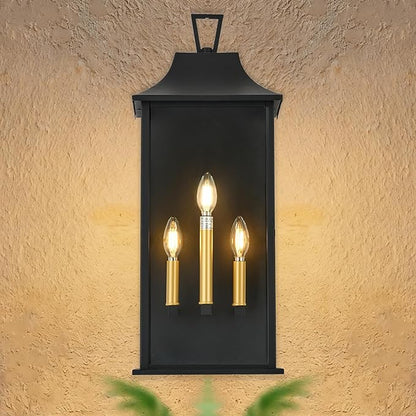 Outdoor Wall Lantern 3-Light, 25 "Large Outside Wall Sconce, Modern Black Wall Light Fixture with Glass, Waterproof Exterior Lamp for House, Porch, Garage,Bulbs Not Included