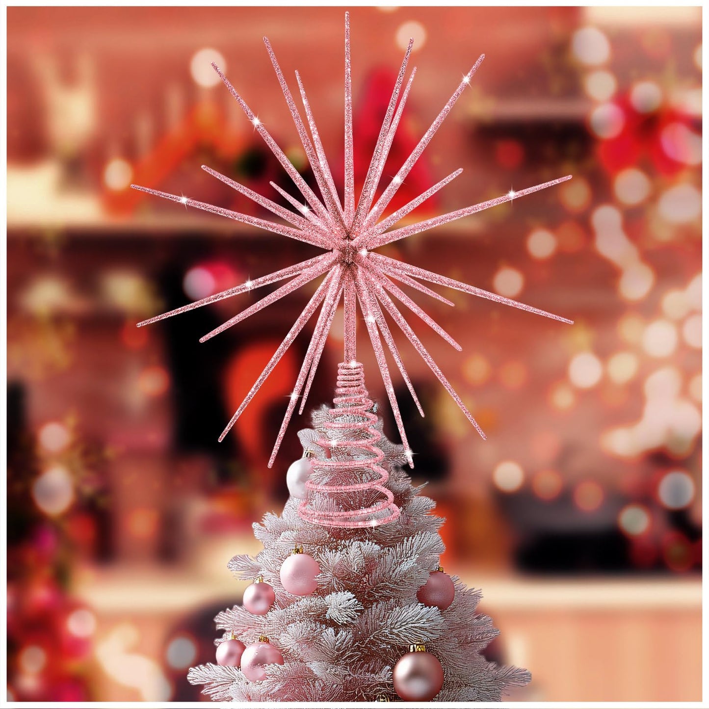 13.7 Inch Pink Christmas Tree Topper - 3D Burst Pink Tree Topper, Exploding Star Christmas Tree New Year Holiday Tree Decoration