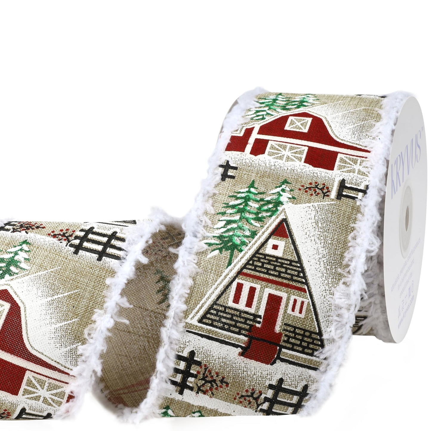 Kryvus Christmas Wired Ribbon, 2.5 Inch X 10 Yards, Natural Linen Christmas Ribbon with Snowy Edge for Wreaths, Gift Wrapping, Xms Tree Decorations & Holiday (Farmhouse)