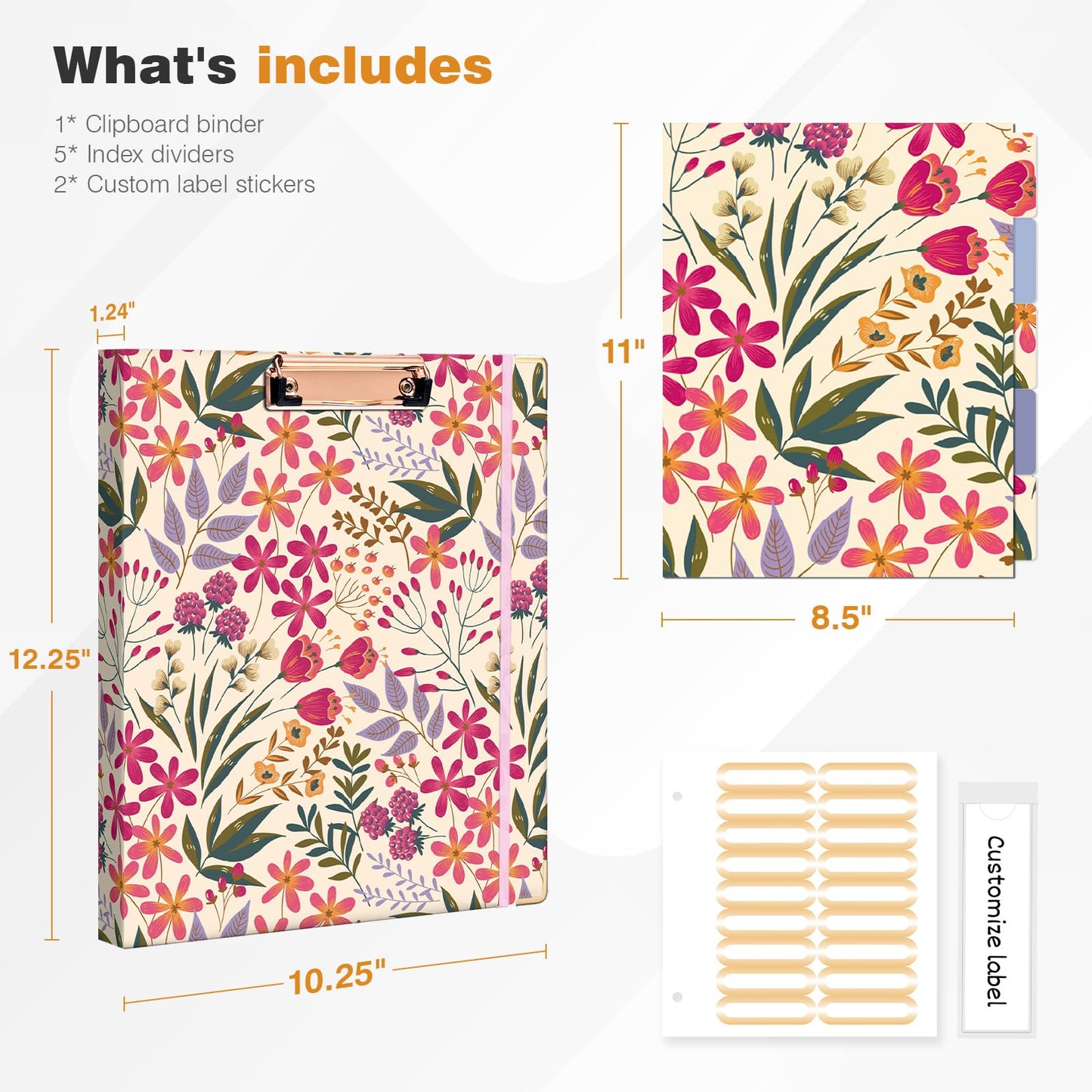 Ospelelf 3 Ring Binder, 1/2 Inch, Cute Floral Binder for Letter Size (11" x 8.5") with 5 Tab Dividers, File Folder Labels and Low Profile Clipboards