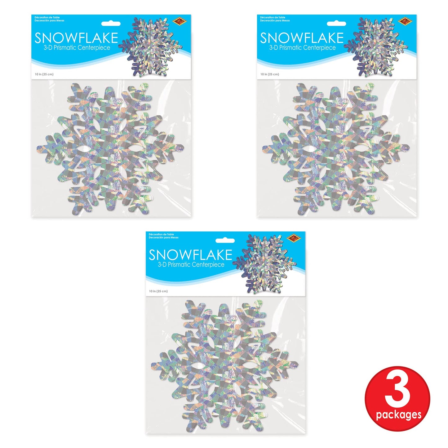 Beistle 3-D Prismatic Silver Snowflake Centerpieces, 10" Tall, Set of 3 - Holiday Winter Wonderland Snow Table Decoration