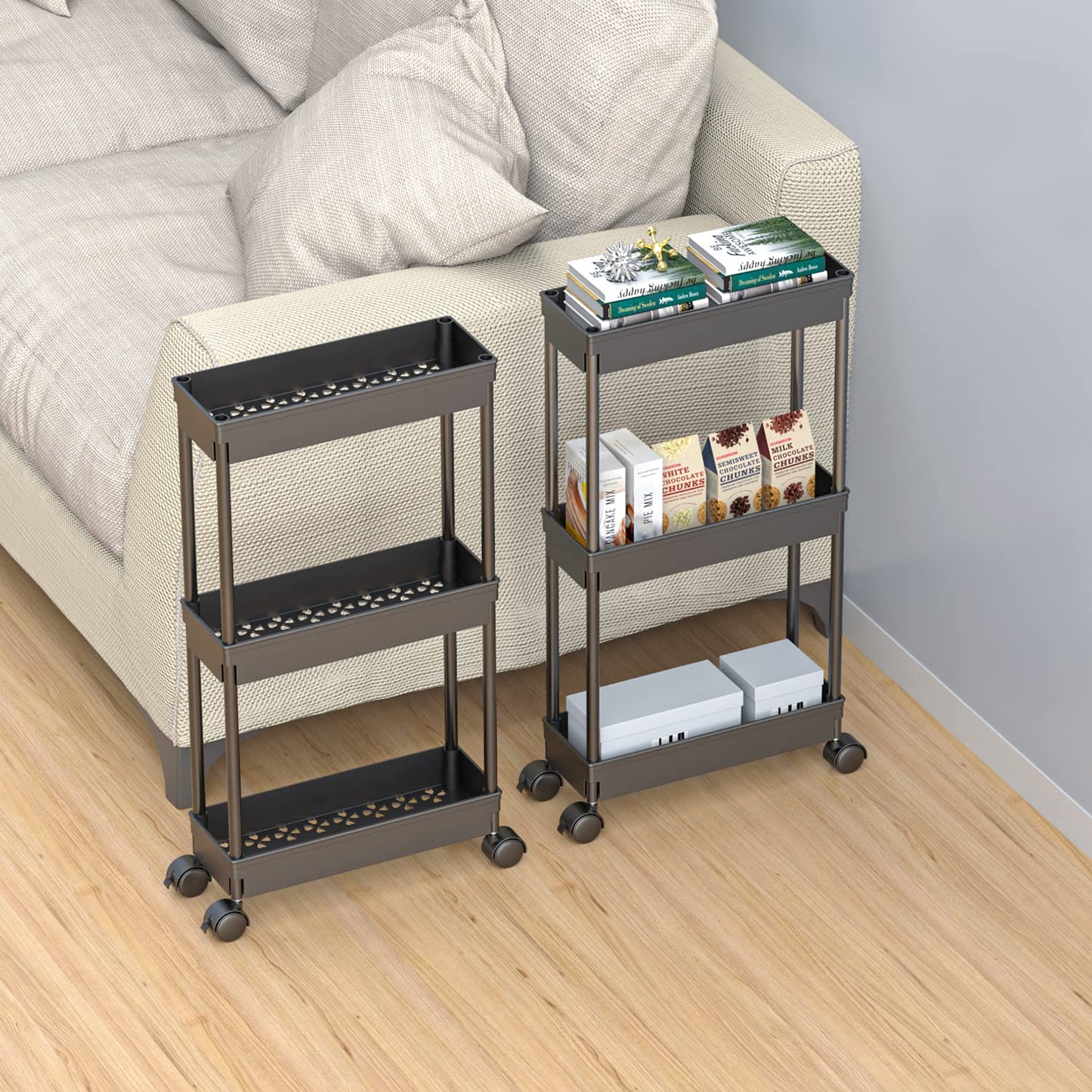 Sooyee 3-Tier Rolling Cart with Wheels, Slim Narrow Storage Cabinet, Under Desk Storage Organizer for Office, Bathroom, Kitchen, Laundry Room, Narrow Places, Black