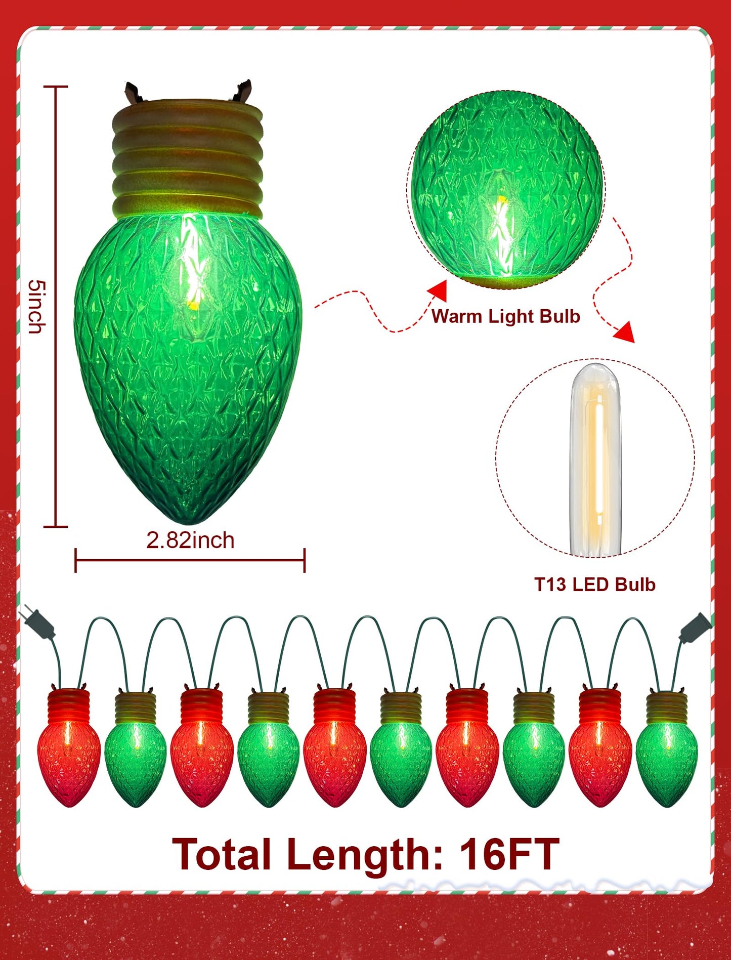 Romasaty Jumbo Christmas Lights, 16FT Giant Christmas Lights with 10 5'' LED Red Green Giant Strawberry Bulbs, C7 Hanging Xmas Light for Patio Garden Party Outdoor Xmas Decorations