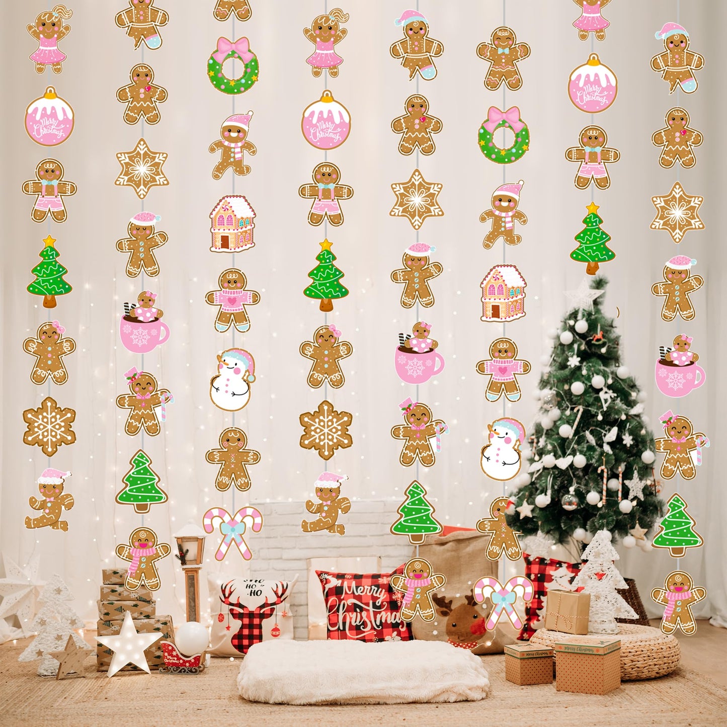 Gingerbread Theme Garlands Pink Christmas Decorations Girls 8Pcs Gingerbread House Xmas Tree Paper Garland Banners Christmas Party Supplies for Winter Holiday Birthday Wall Door Ceiling Decor