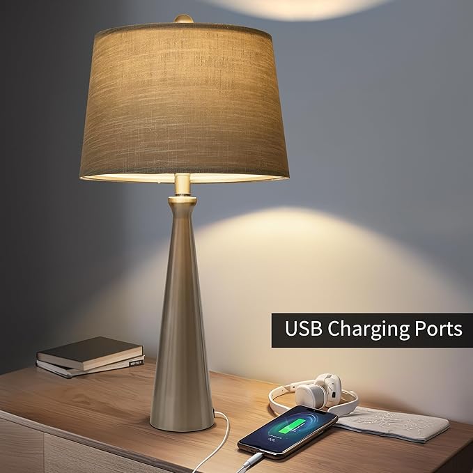 Oneach 25.75" Table Lamps for Living Room Bedroom, Bedside Lamp 3-Way Dimmable Touch Control, Modern Silver Nightstand Light Fabric Shade Vintage Accent Style