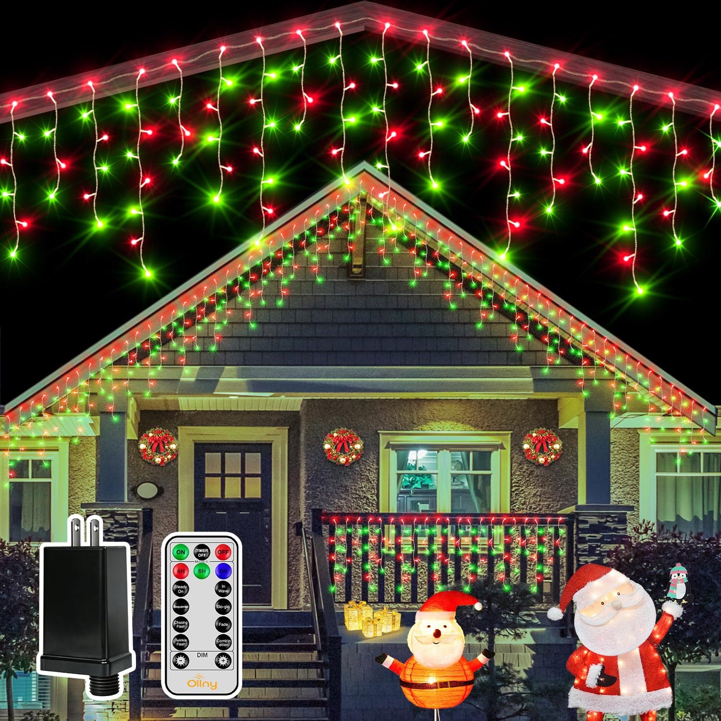 Ollny Icicle Lights for Outside 504LED 41FT, Red and Green Christmas Light with Remote 8Modes Timers Waterproof, Plug in Connectable Hanging Lights for Outdoor Indoor House Roof Holiday