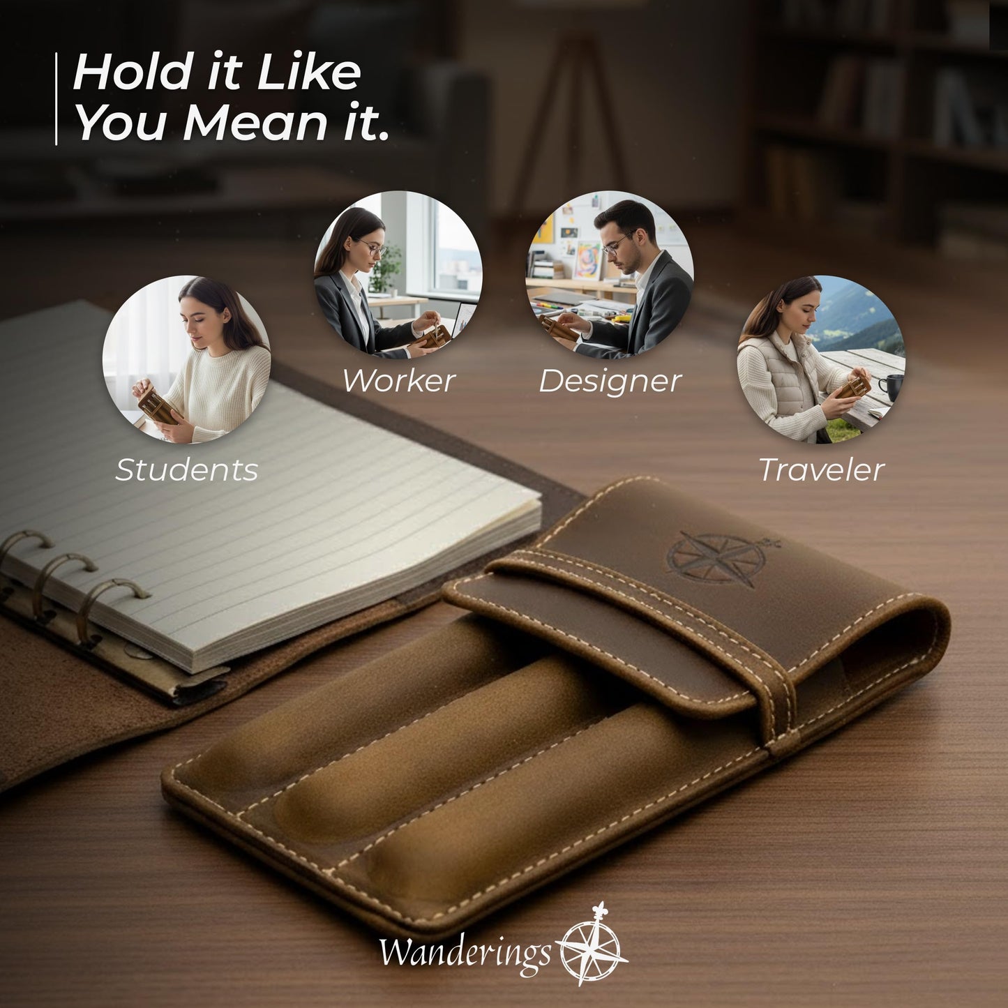 WANDERINGS Vintage Leather 3-Slot Pen Pouch – Handcrafted Brown Pen Case – Individual Leather Pen Sleeves for Fountain Pens, Rollers & Ballpoints – Pen Holder for Men and Women – 3.4" x 6" x 0.8"