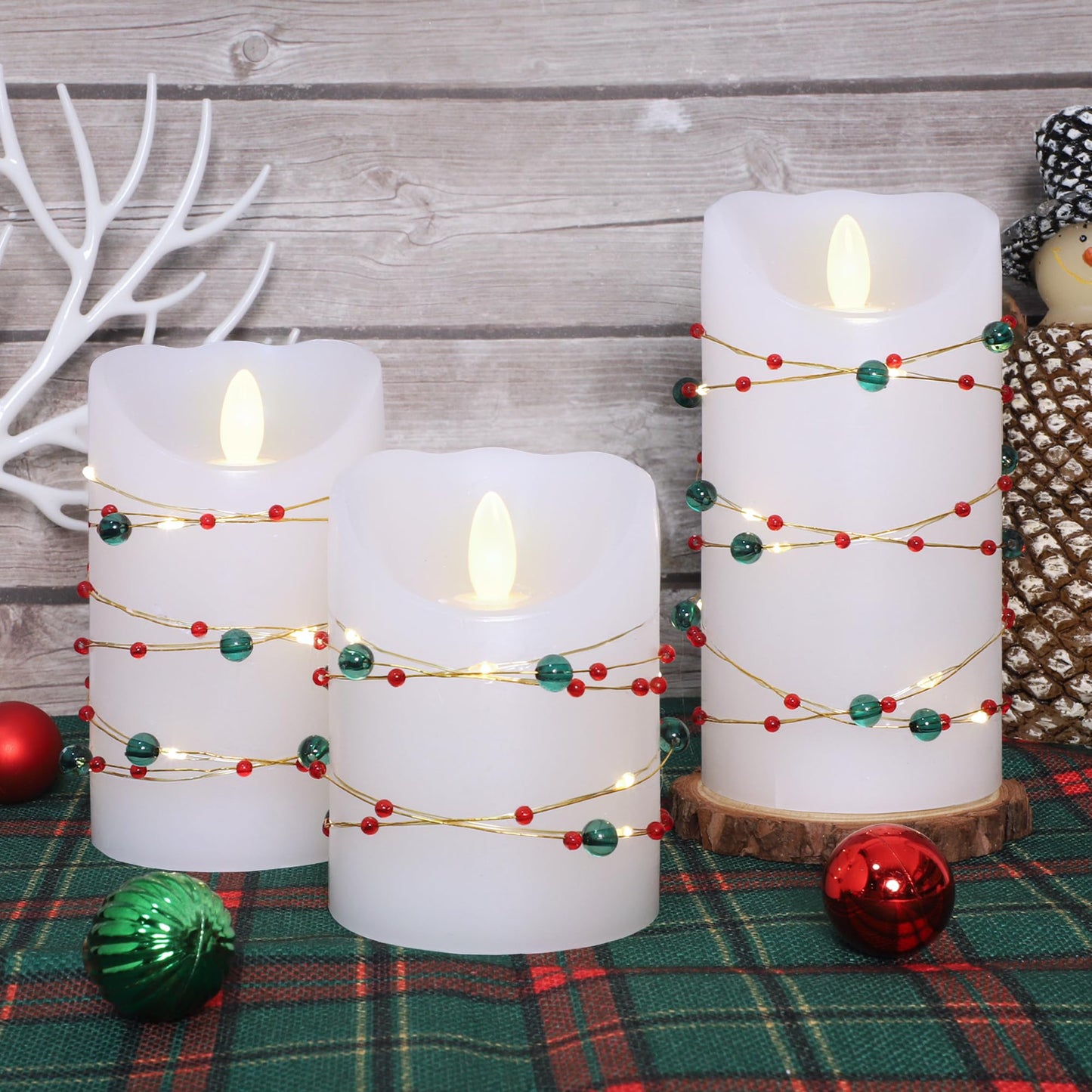 Flameless Candles with Red Green Beads String Lights - Real Wax Christmas Decor Battery Operated Candles with Remote & Timer- Home Party Bedroom Holiday Valentine's Day Decorations - Set of 3