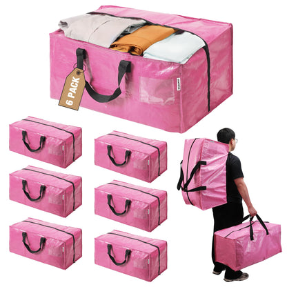 WORKPRO 6 Pack Extra Large Moving Bags with Zippers & Carrying Handles Backpack Straps, Heavy-Duty Storage Tote for Space Saving Moving Storage (Pink)