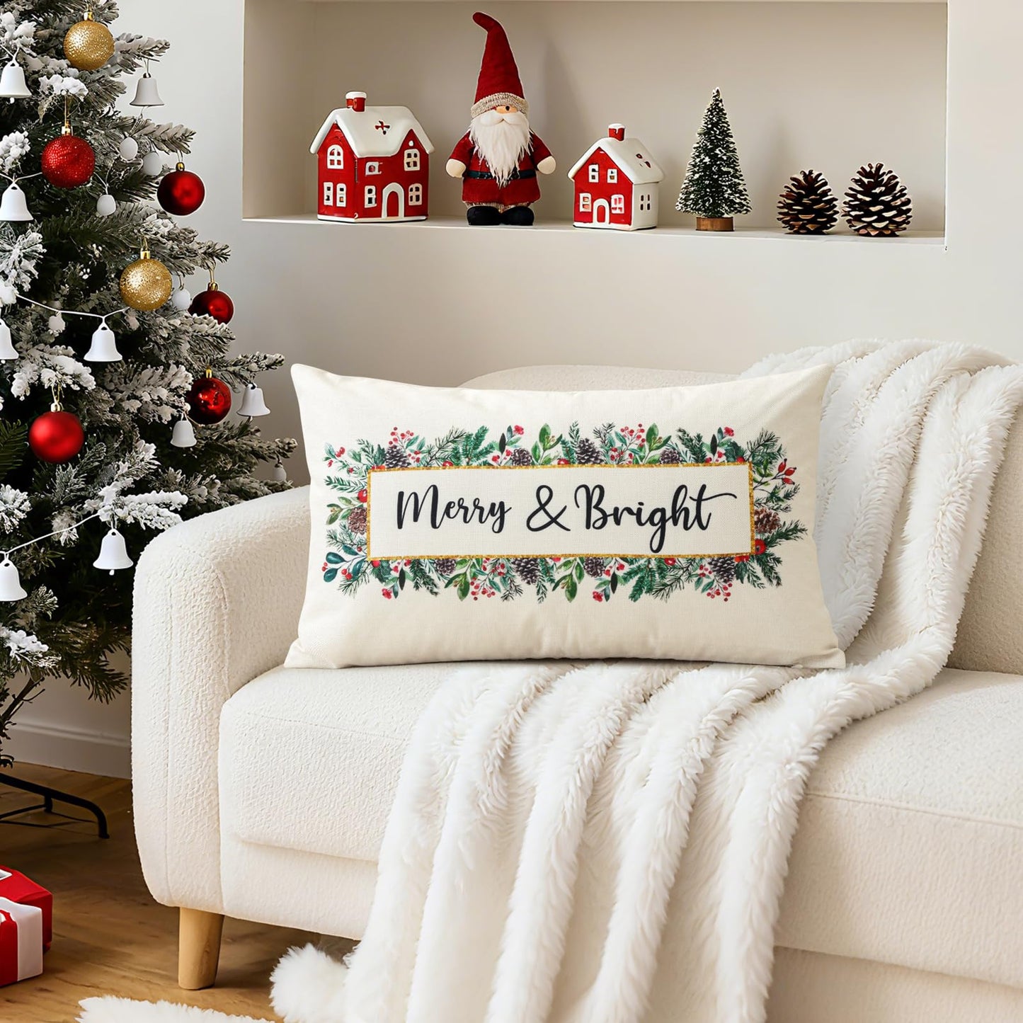 OTOSTAR Merry Bright Christmas Decor Pillow Cover 12x20 Inch Lumbar Decorative Throw Pillow Case Eucalyptus Mistletoe Winter Holiday Rectangle Cushion Cover for Couch Bed Sofa Decor (Merry & Bright)
