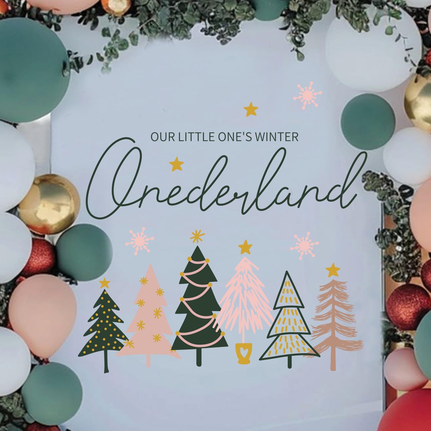 Our Little One's Winter ONEderland Decal - Winter 1st Birthday Party Decorations,Pink Green Christmas Trees Sign Stickers,Frozen Wonderland Party Wall Decals,First Snowflake Holiday Decoration